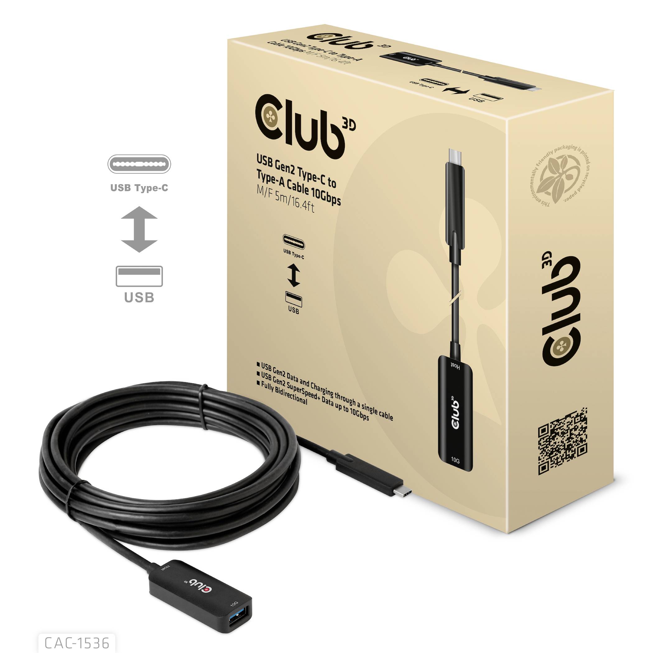 Club3D USB-Kabel USB 3.2 Gen2 USB-C® Stecker, USB-B Buchse 5.00m Schwarz CAC-1536