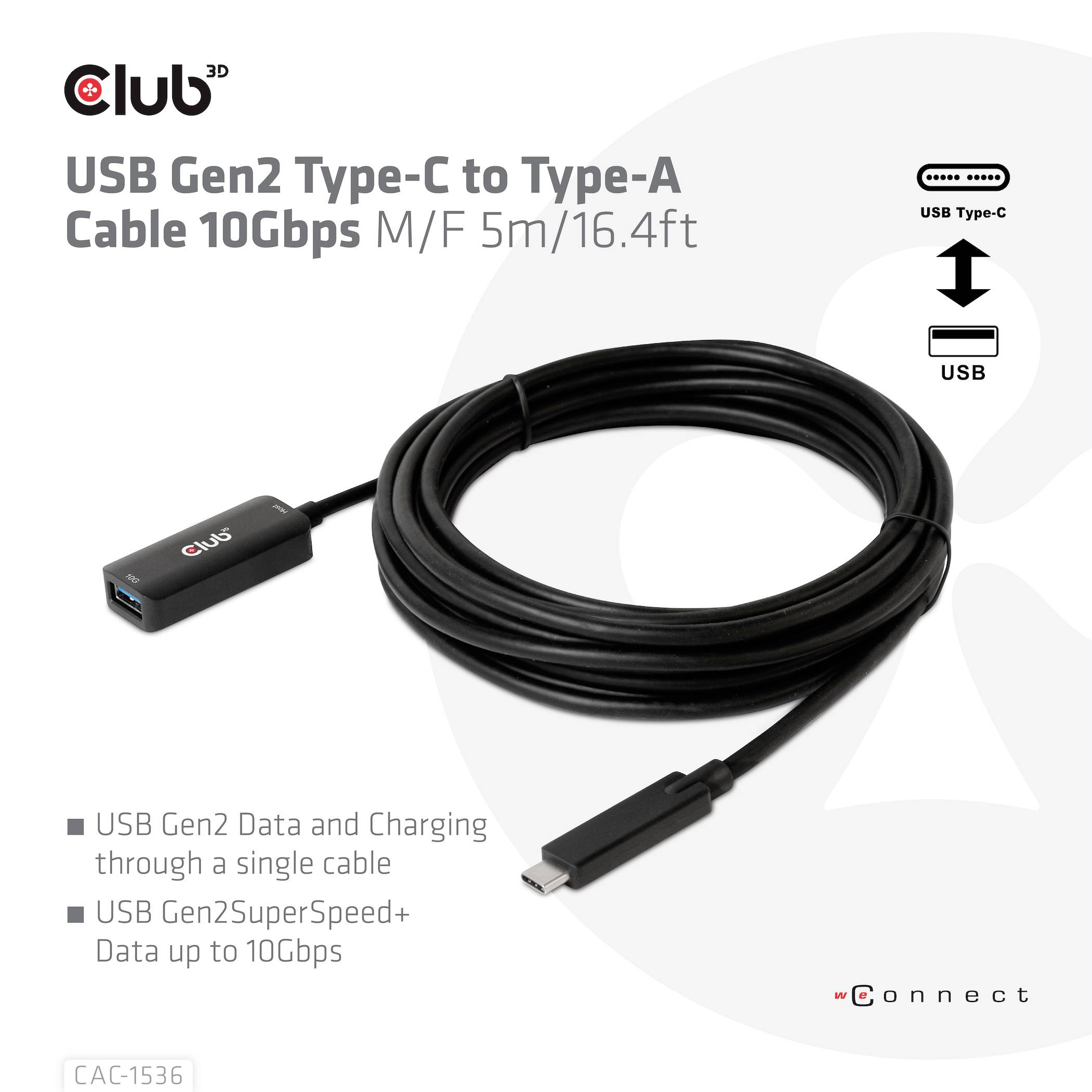 Club3D USB-Kabel USB 3.2 Gen2 USB-C® Stecker, USB-B Buchse 5.00m Schwarz CAC-1536