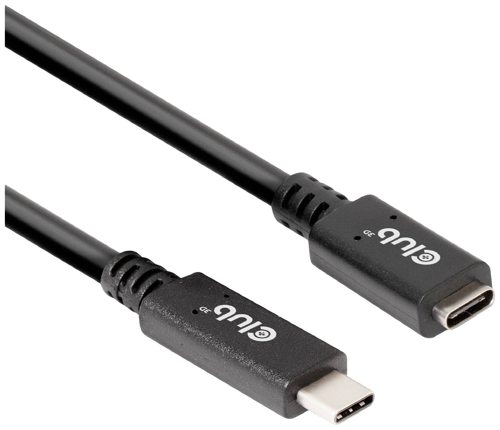 Ein USB-C-Kabel mit schwarzem Gehäuse. Links ist der Stecker, rechts die Buchse zu sehen.