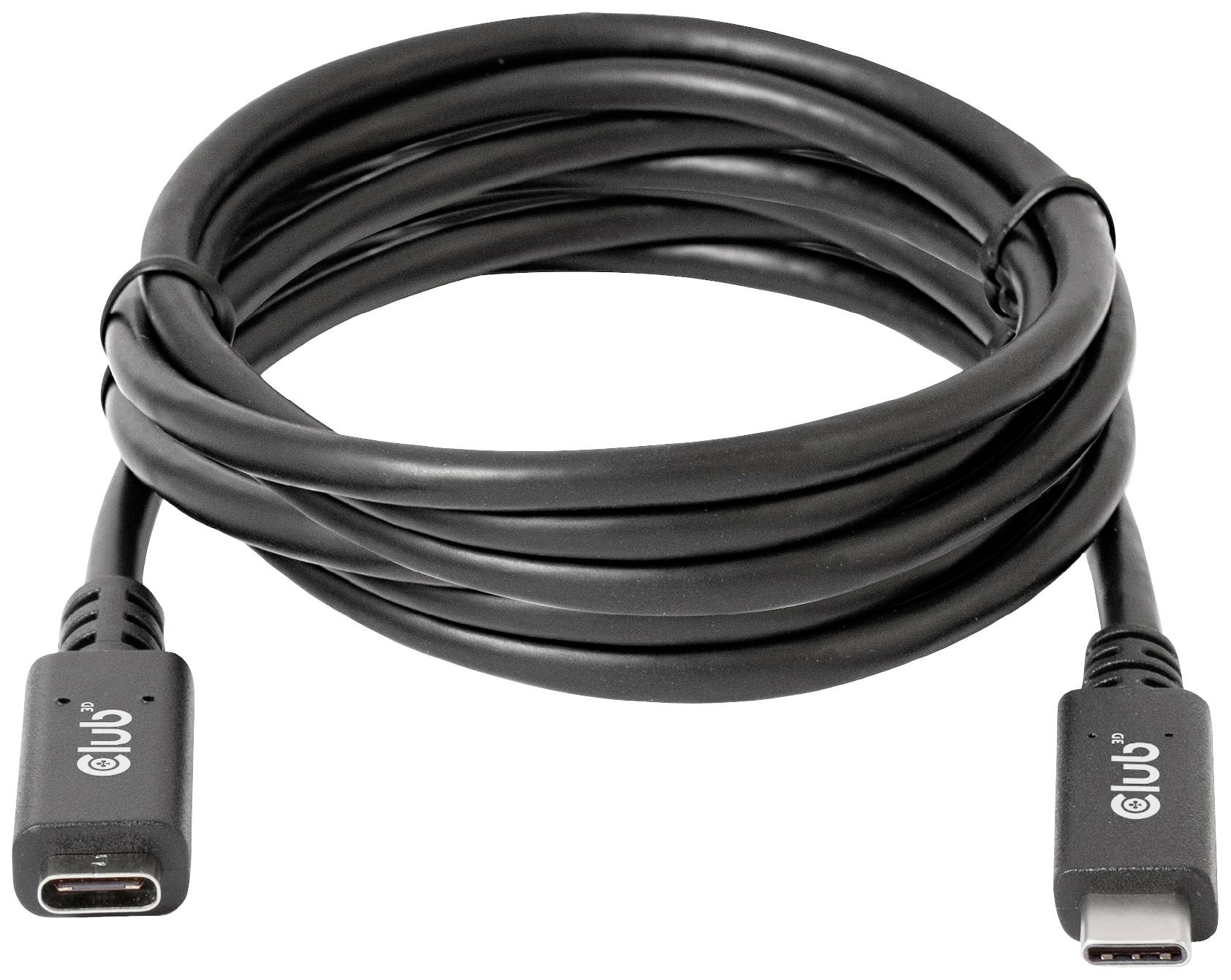 Ein schwarzes USB-C-Kabel, gerollt und von beiden Enden sichtbar.