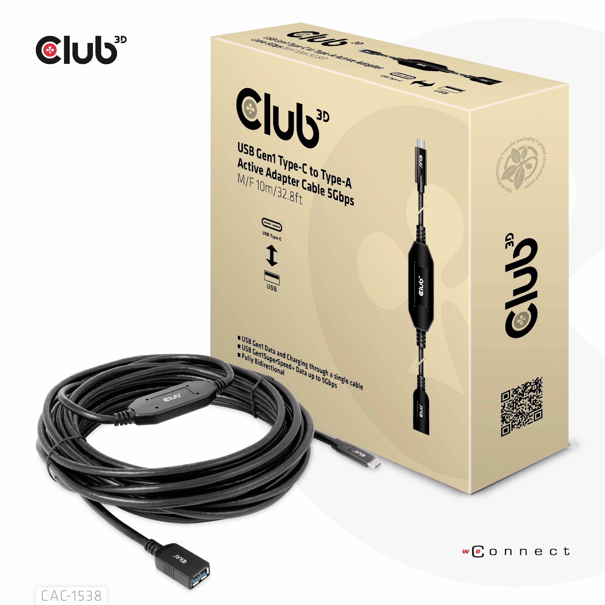 Ein USB 3.2 Gen 1 Typ-C auf Typ-A Adapterkabel 'Club 3D' mit einer Länge von 10m und einer Geschwindigkeit von 5Gbps. Verpackungsansicht.