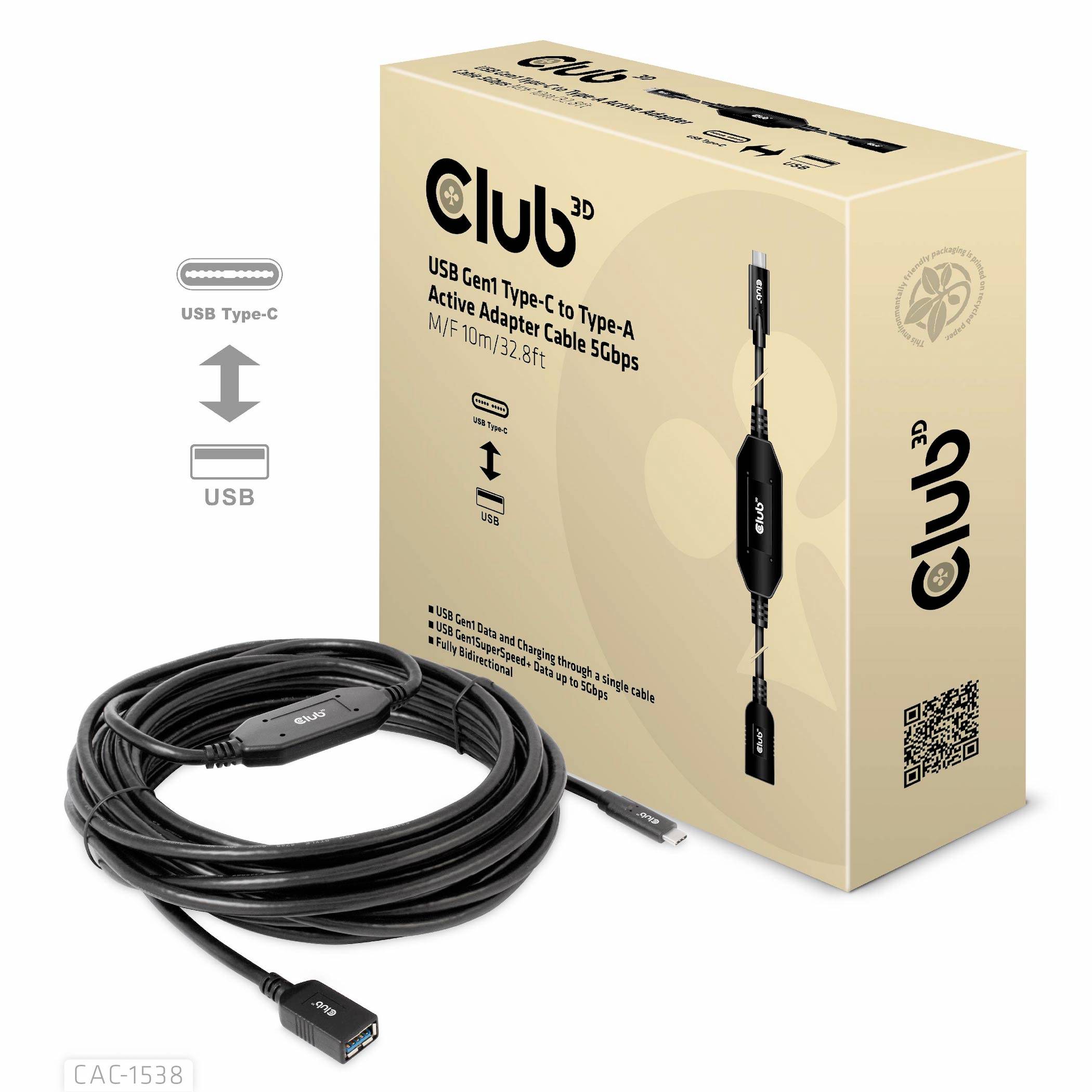 'Club 3D USB Gen1 Type-C auf Type-A Kabel, 10 m, 5 Gbps, CAC-1538.' Verpackung mit Kabel, USB-C- und USB-Symbolen; Produkt für Datenübertragung.
