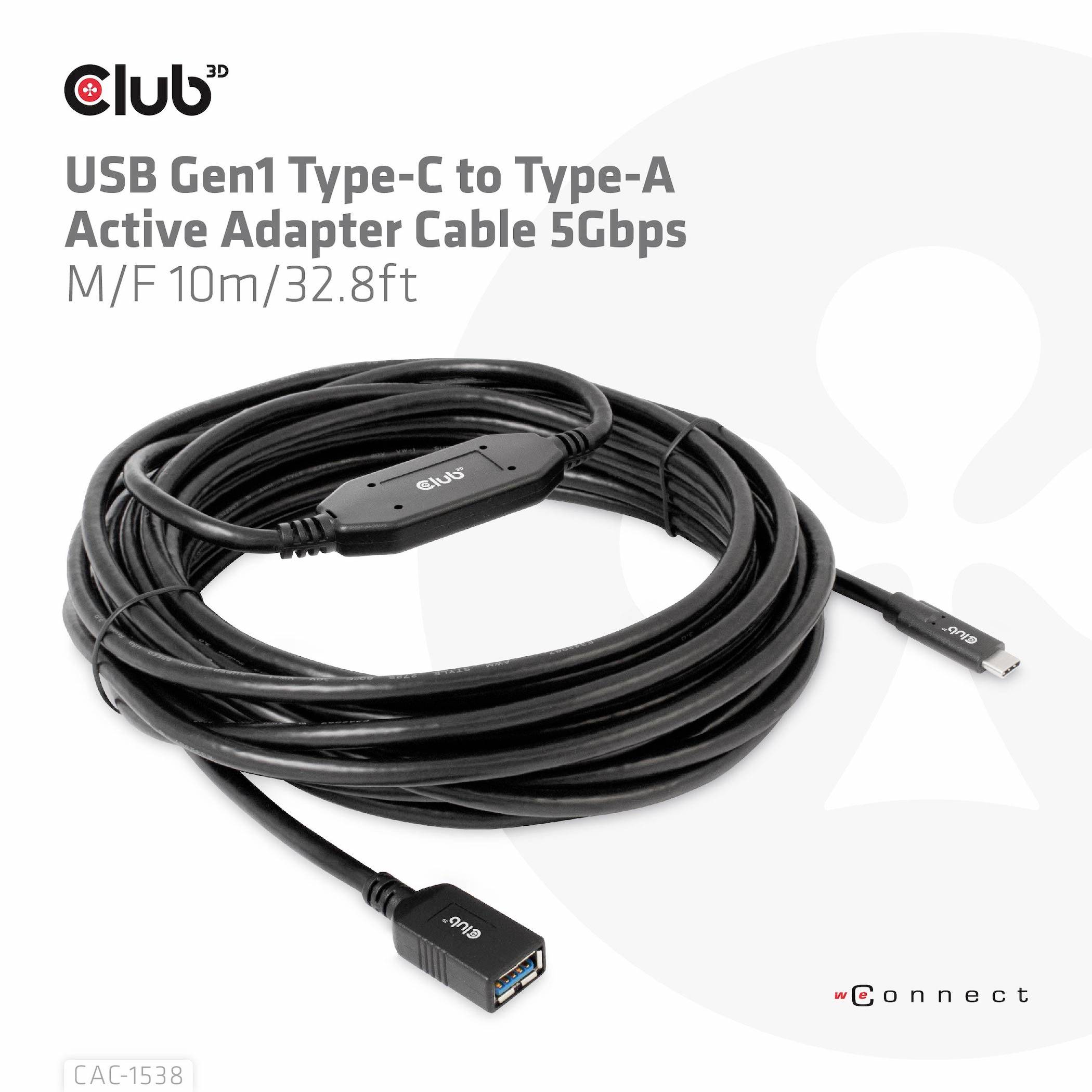 'USB Gen1 Type-C zu Type-A Active Adapter Kabel 5Gbps, M/F, 10m/32.8ft' Kabel auf weißem Hintergrund mit Markenlogo.
