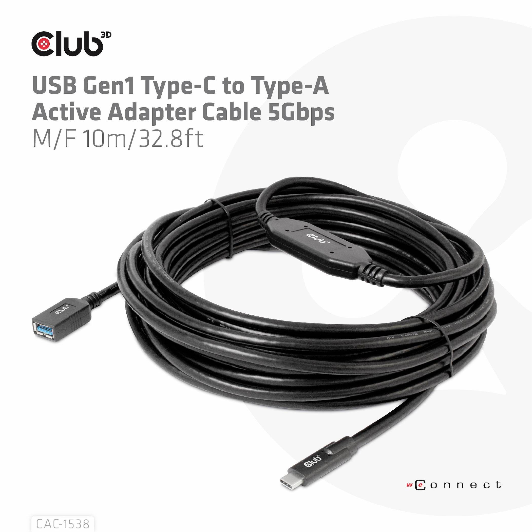 USB Gen1 Typ-C auf Typ-A Aktivadapterkabel. 10 Meter, 5 Gbps. Schwarzes Kabel mit Stecker. Marken- und Modellspezifikation sichtbar.