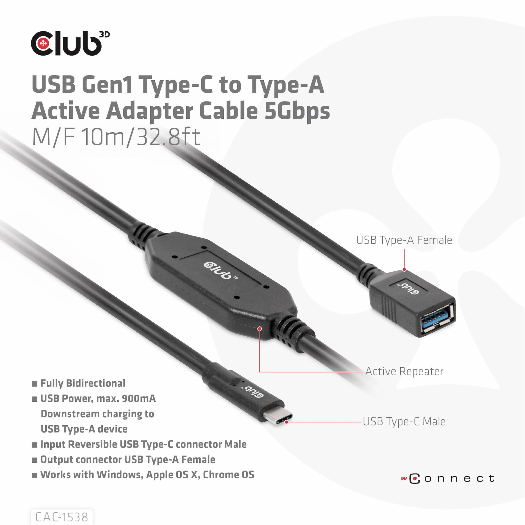 'USB Gen1 Type-C zu Type-A Active Adapter Cable 5Gbps, M/F 10m/32.8ft' mit USB Typ-C Stecker zu Typ-A Buchse, unterstützt 5Gbps Datenübertragung.