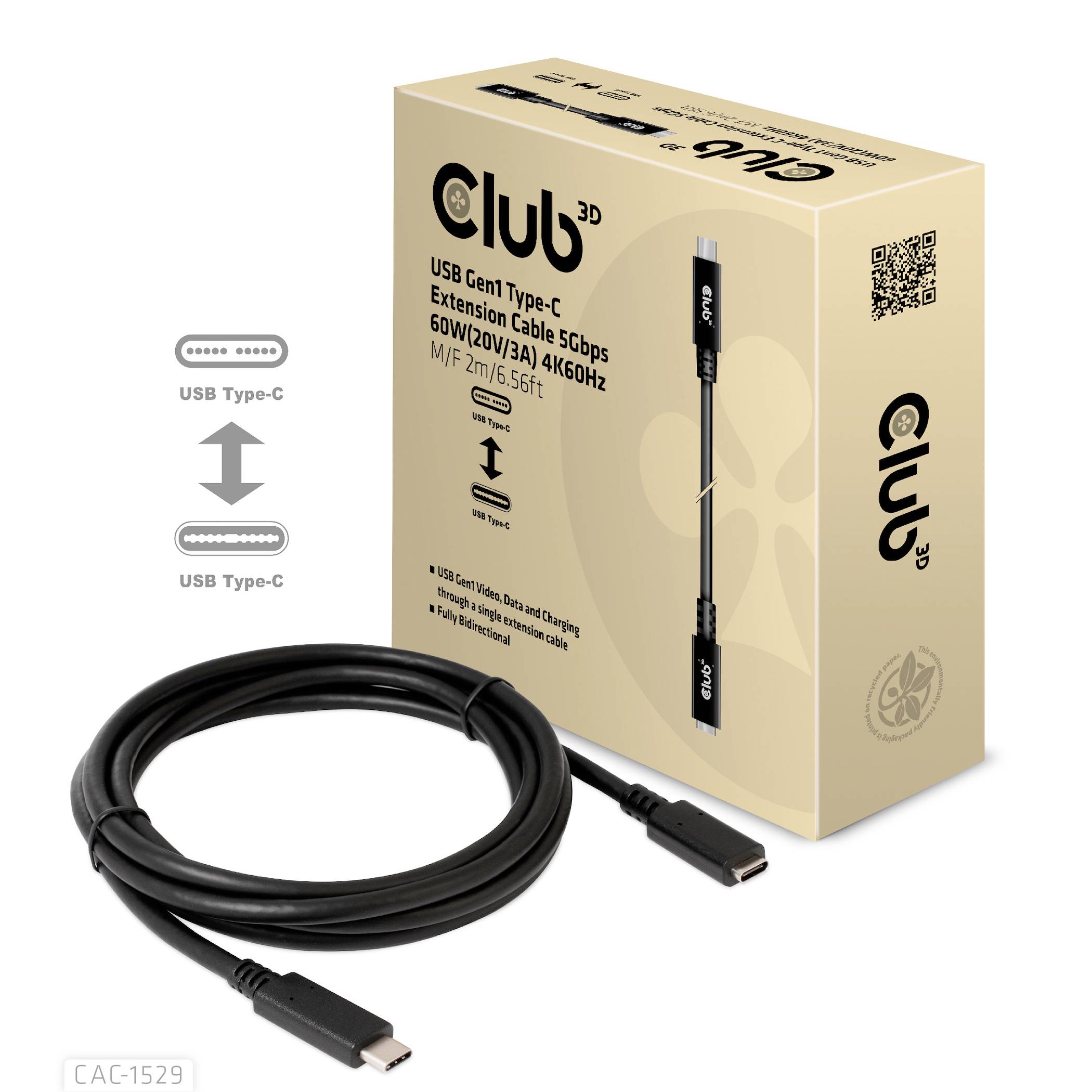 USB Type-C Verlängerungskabel, 2m, 60W, 5Gbps, beige Verpackung mit Abbildungen und Logo, Produktnummer CAC-1529.