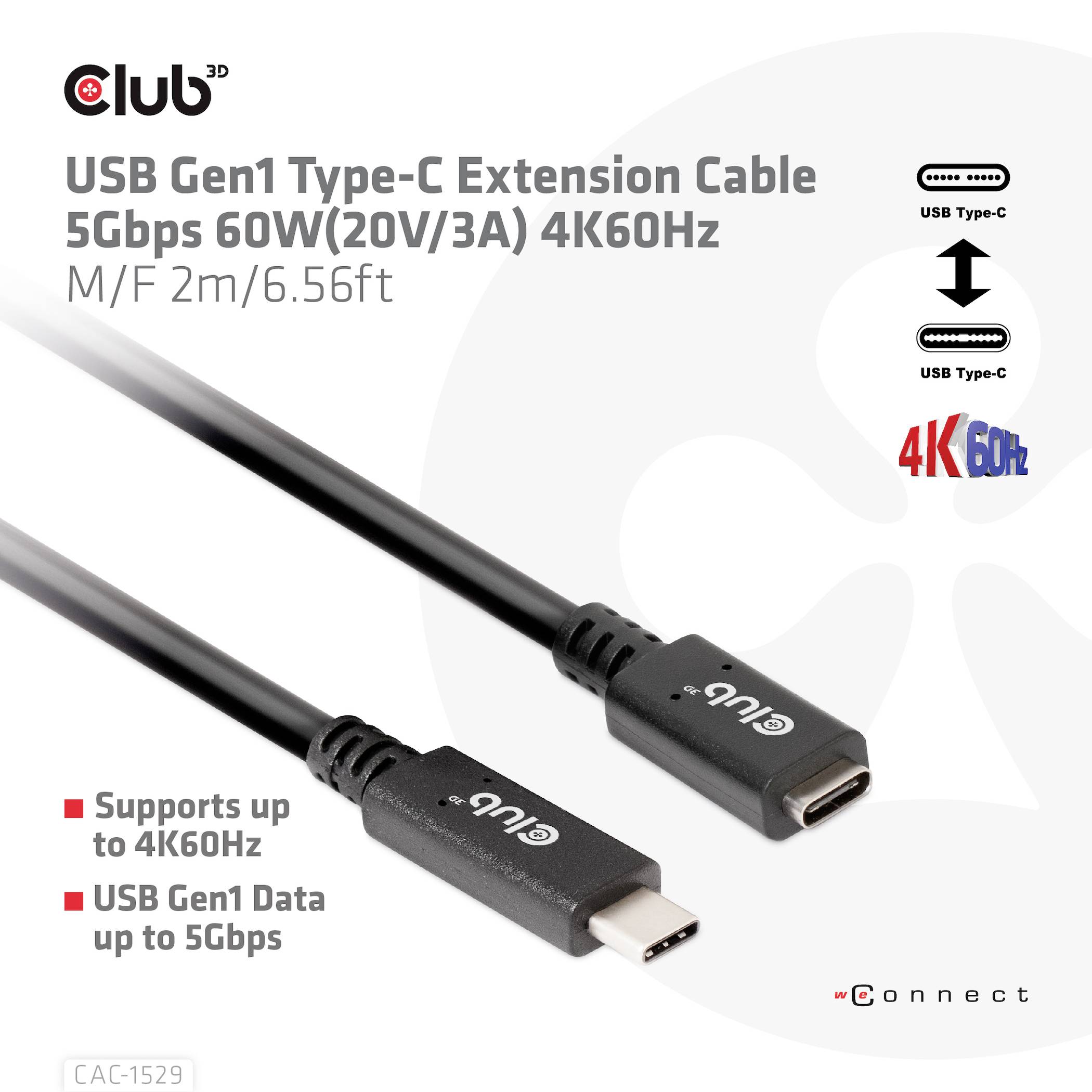 USB Typ-C Erweiterungskabel, 5 Gbps, 60 W, 4K60 Hz. Unterstützt bis zu 4K60Hz, USB Gen1 Daten bis 5 Gbps. Länge: 2m/6.56ft.