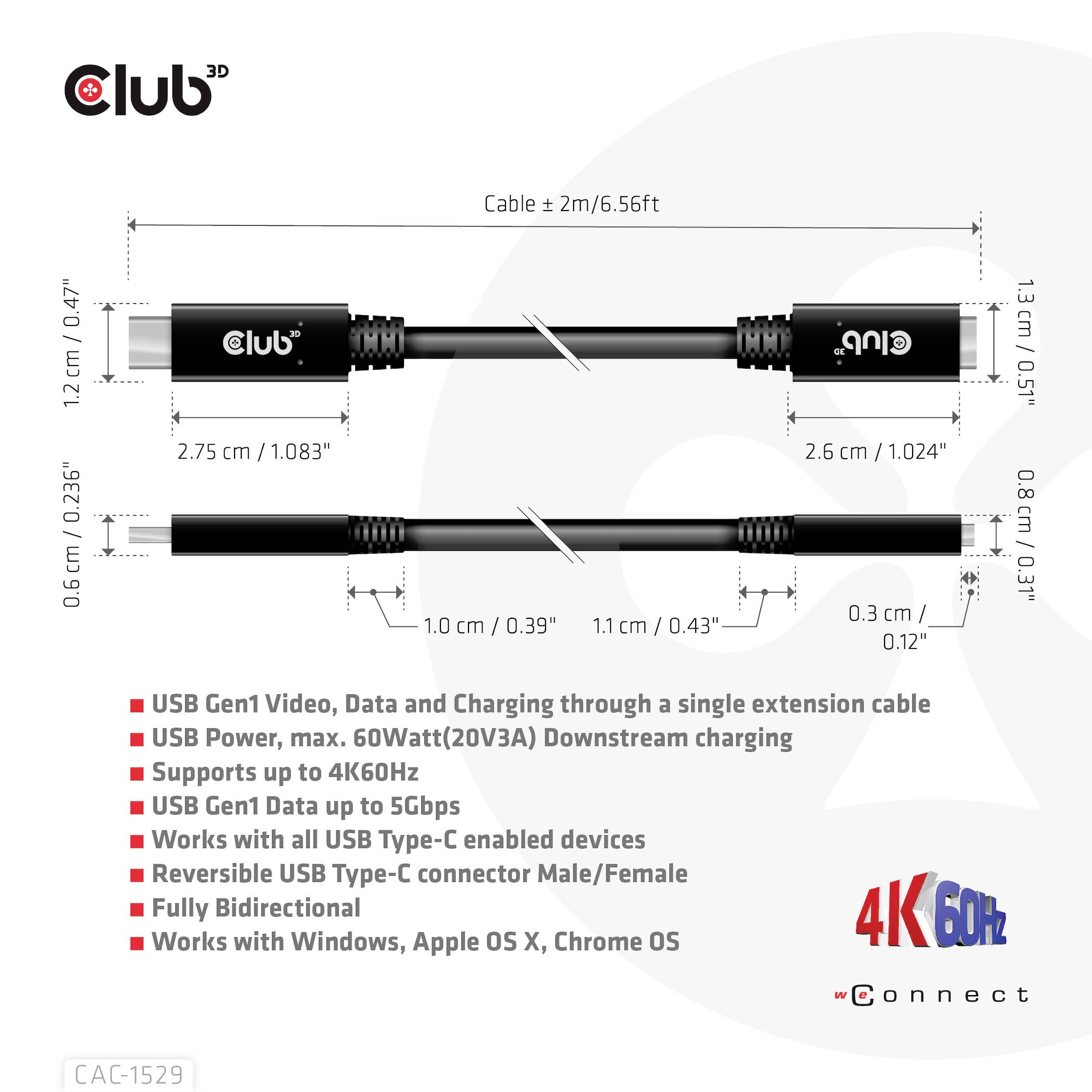 Club 3D USB-Kabel: 2m Länge. Unterstützt USB Gen1 Video, Audio, 60W Ladeleistung. Kompatibel mit allen USB Type-C Geräten.