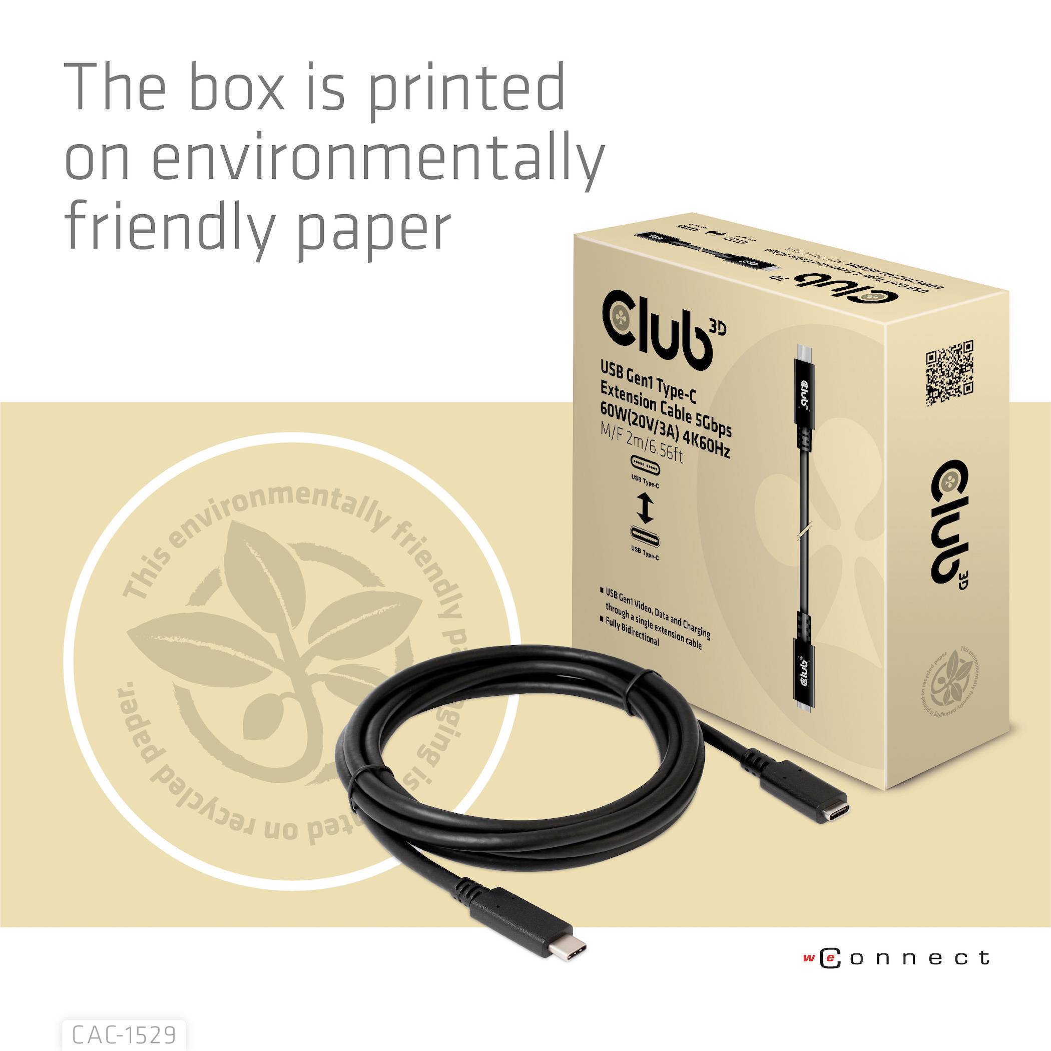 'Der Club 3D USB-C-Typ-C-5K-Bildschirmkabel, 60W/20V/3A, gedruckt auf umweltfreundlichem Papier' neben einem Kabel und seiner Verpackung.