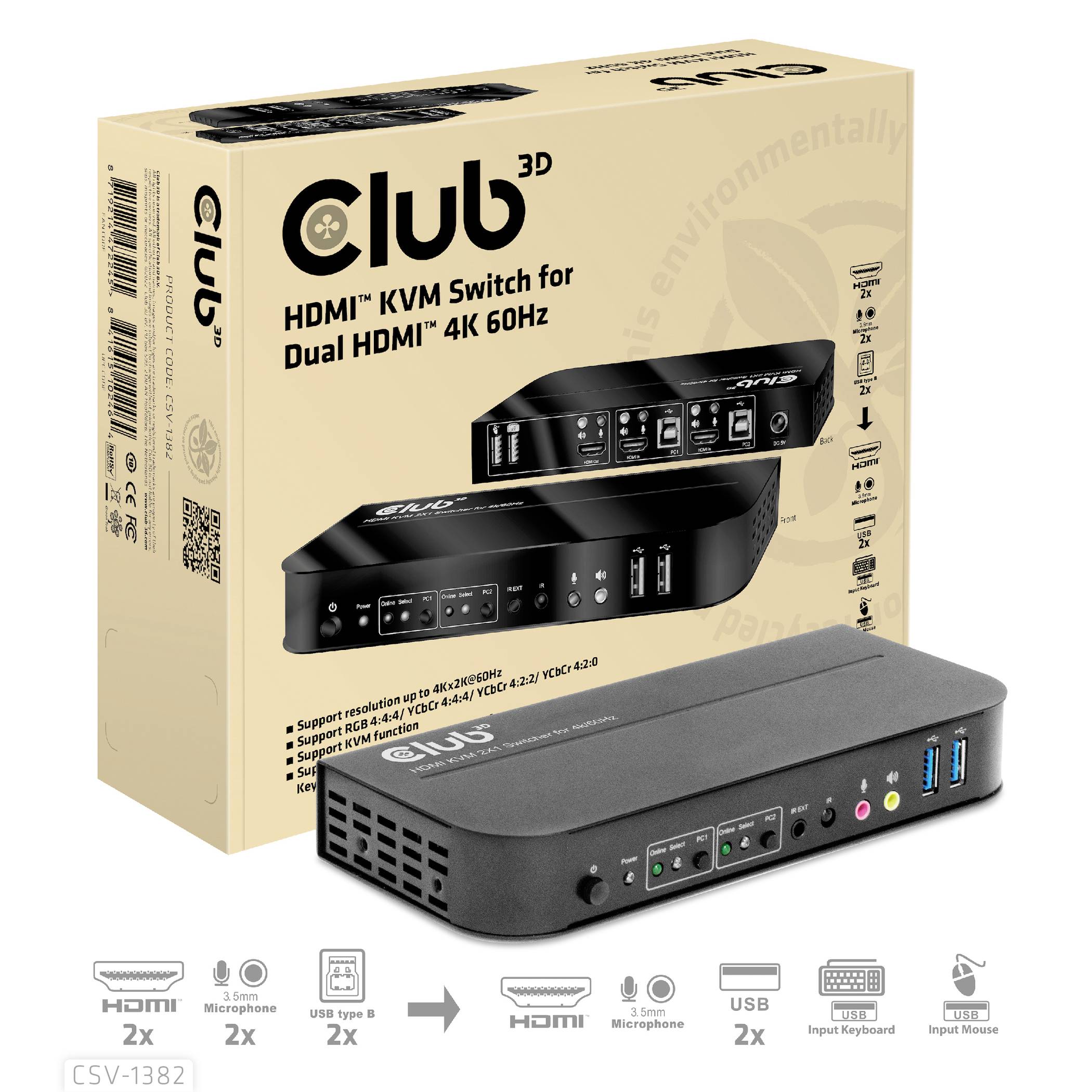 Club3D KVM Switch 4K60Hz KVM-Umschalter HDMI Fernbedienung 4096 x 2160 Pixel