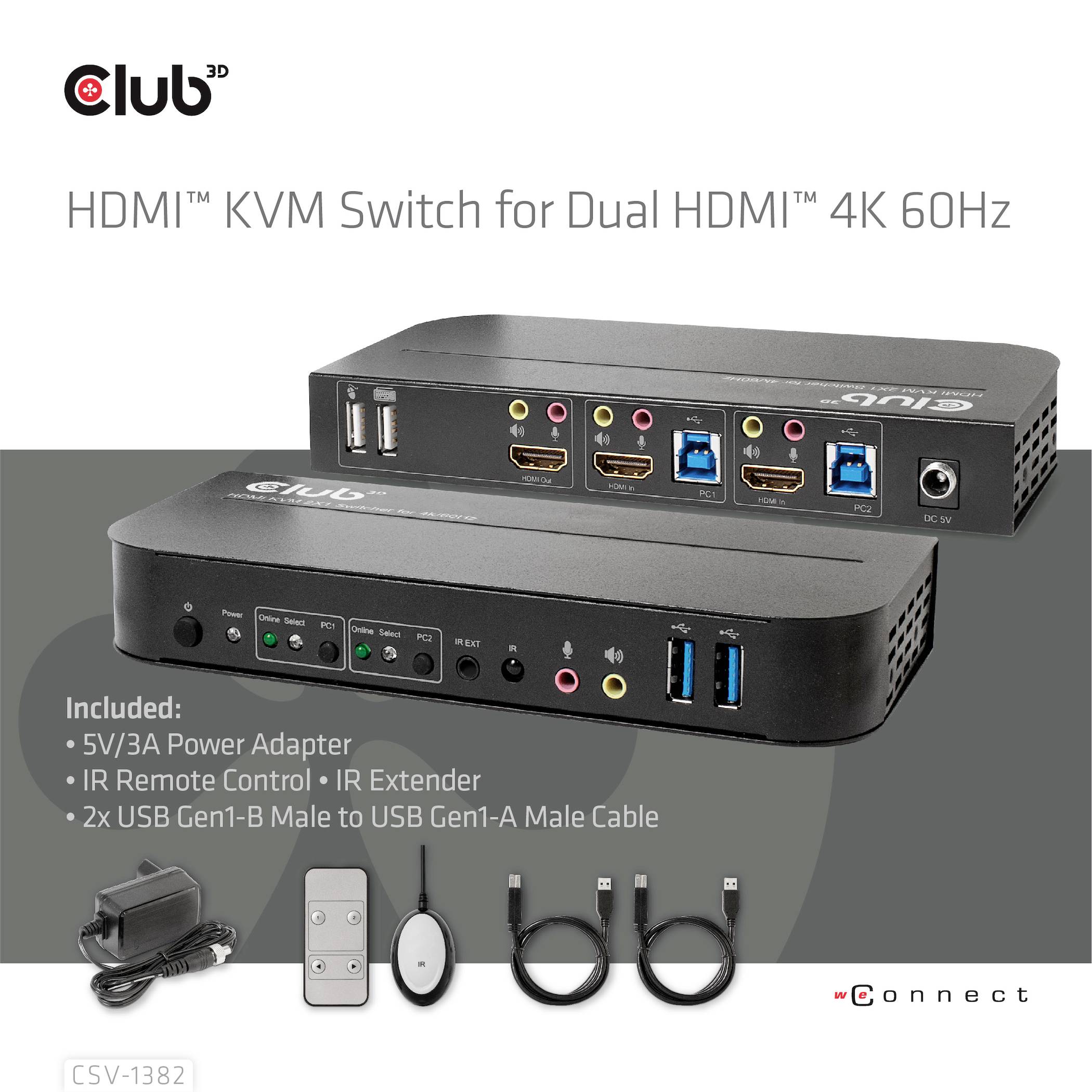 Club3D KVM Switch 4K60Hz KVM-Umschalter HDMI Fernbedienung 4096 x 2160 Pixel