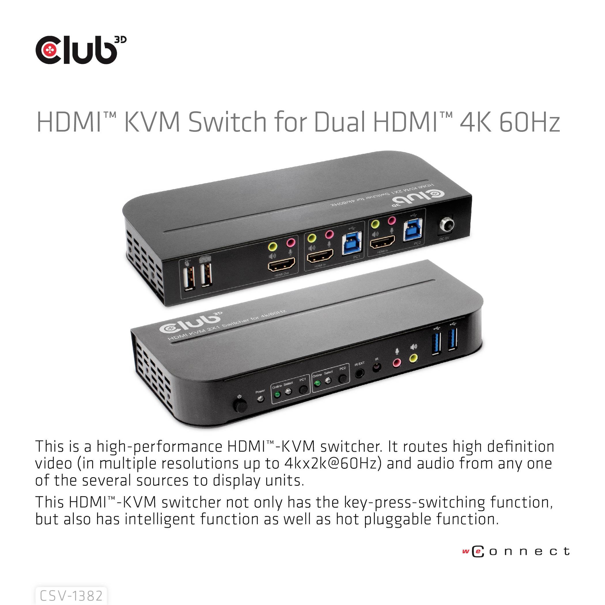 Club3D KVM Switch 4K60Hz KVM-Umschalter HDMI Fernbedienung 4096 x 2160 Pixel