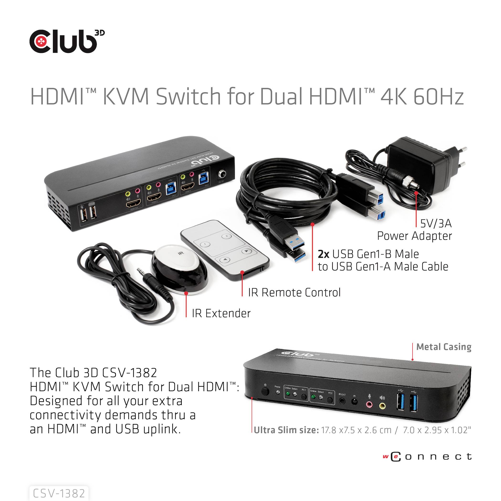 Club3D KVM Switch 4K60Hz KVM-Umschalter HDMI Fernbedienung 4096 x 2160 Pixel