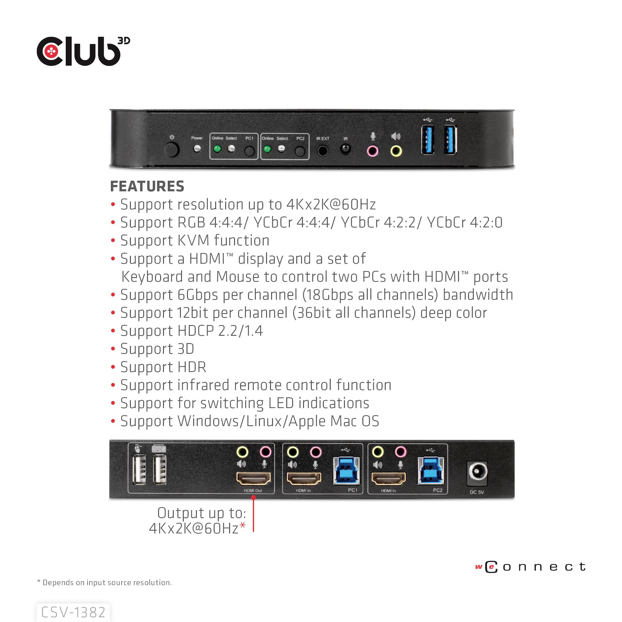 Club3D KVM Switch 4K60Hz KVM-Umschalter HDMI Fernbedienung 4096 x 2160 Pixel