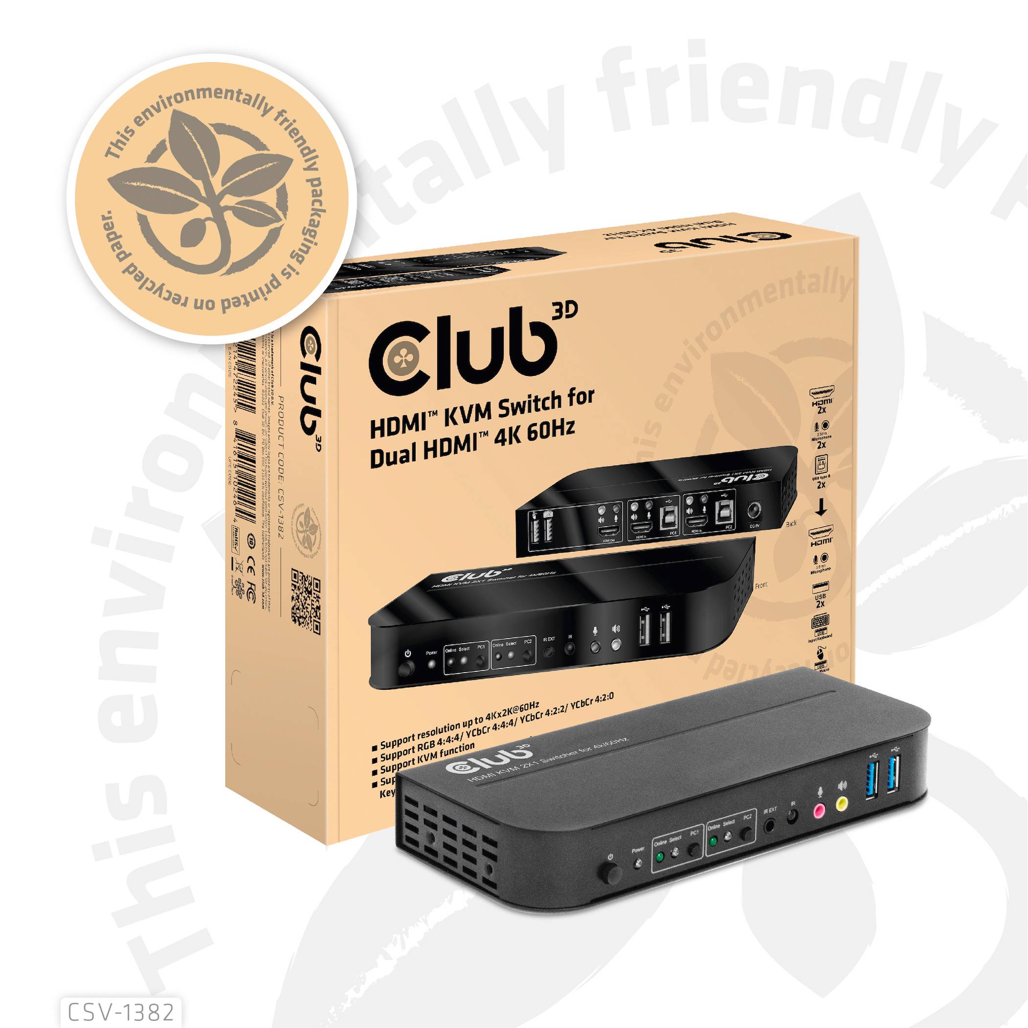 Club3D KVM Switch 4K60Hz KVM-Umschalter HDMI Fernbedienung 4096 x 2160 Pixel