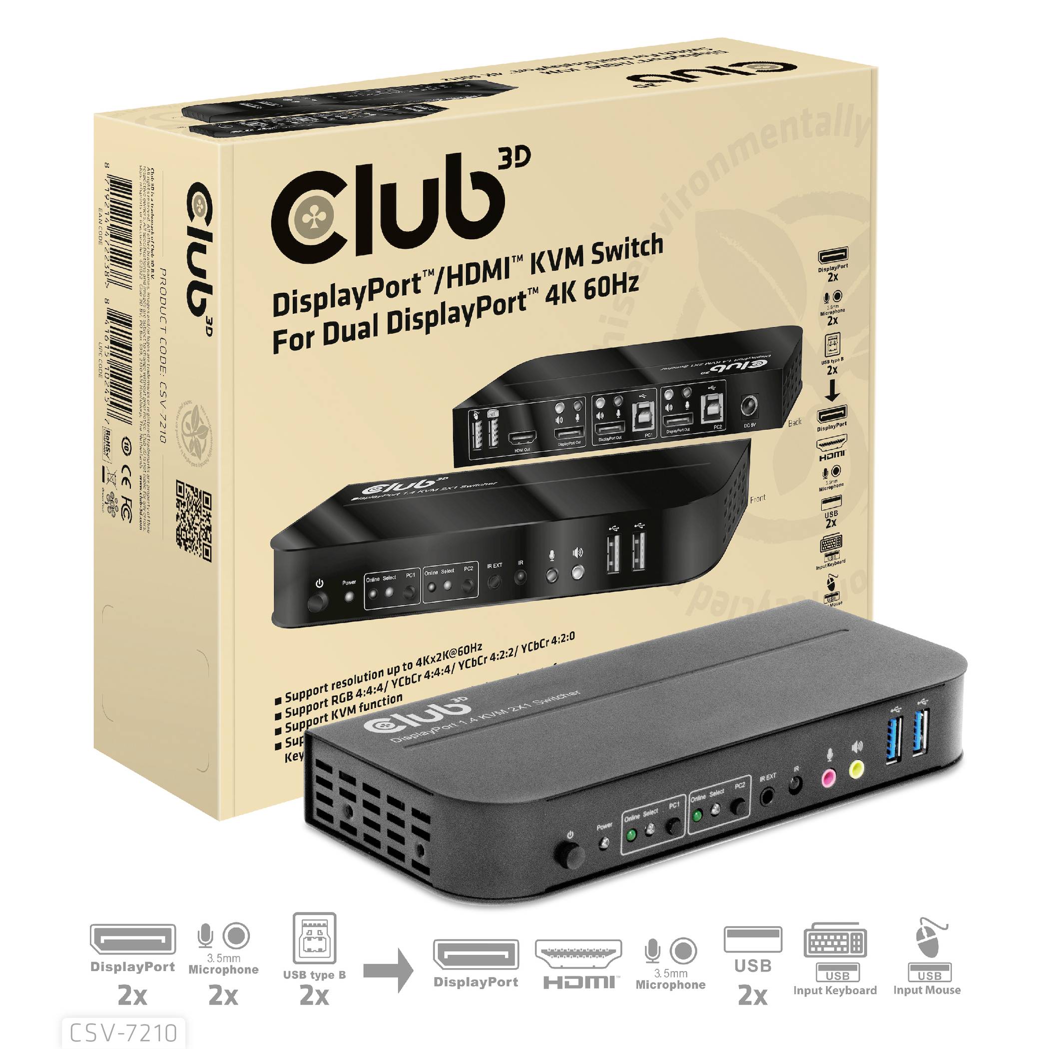 Club3D KVM Switch 4K60Hz KVM-Umschalter HDMI Fernbedienung 4096 x 2160 Pixel