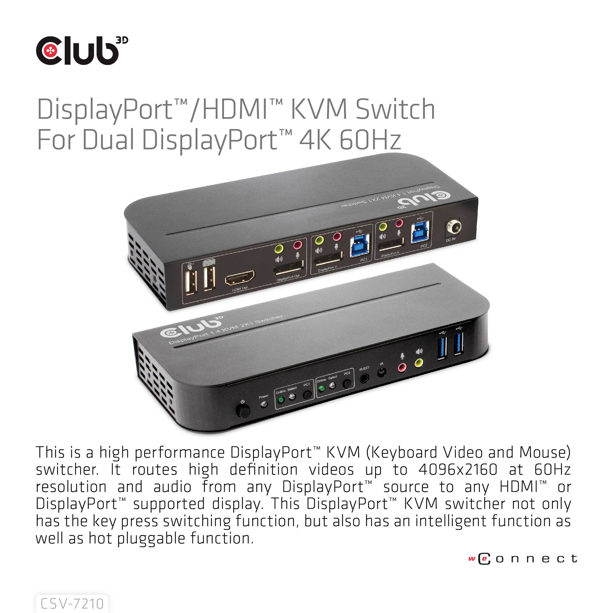Club3D KVM Switch 4K60Hz KVM-Umschalter HDMI Fernbedienung 4096 x 2160 Pixel