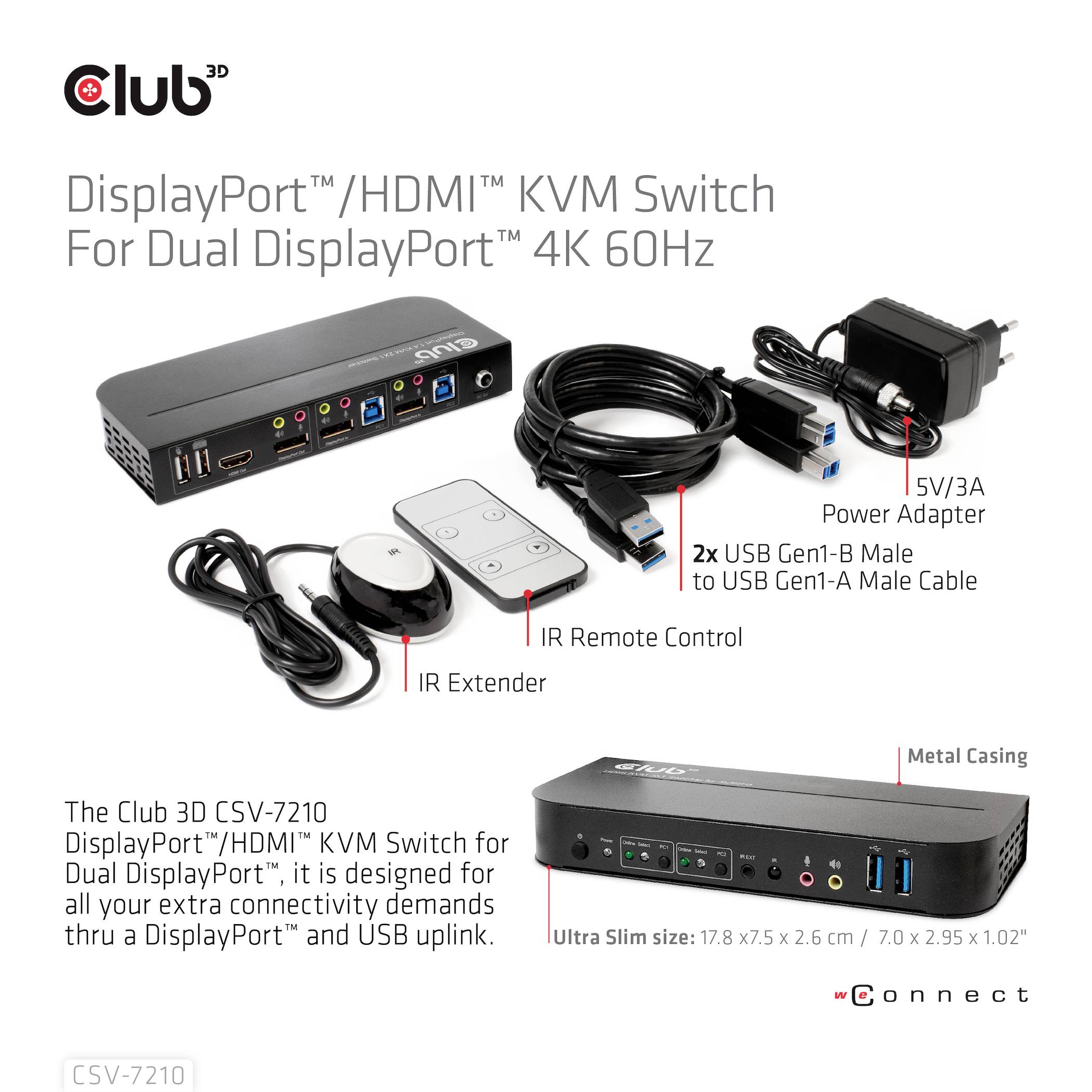Club3D KVM Switch 4K60Hz KVM-Umschalter HDMI Fernbedienung 4096 x 2160 Pixel