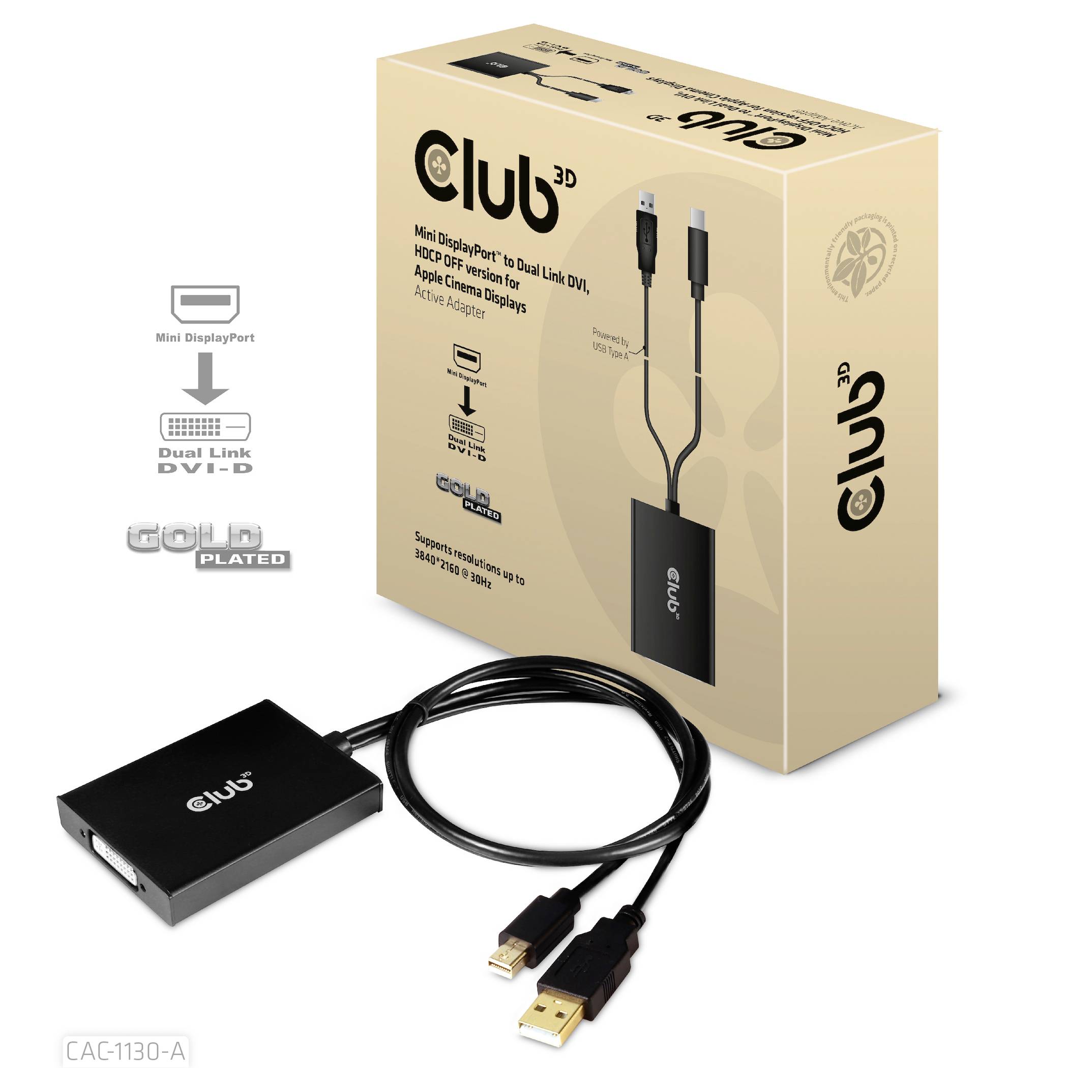 Club3D CAC-1130-A Mini-DisplayPort / DVI Adapter [1x Mini DisplayPort, USB-A - 1x DVI] Schwarz 60cm