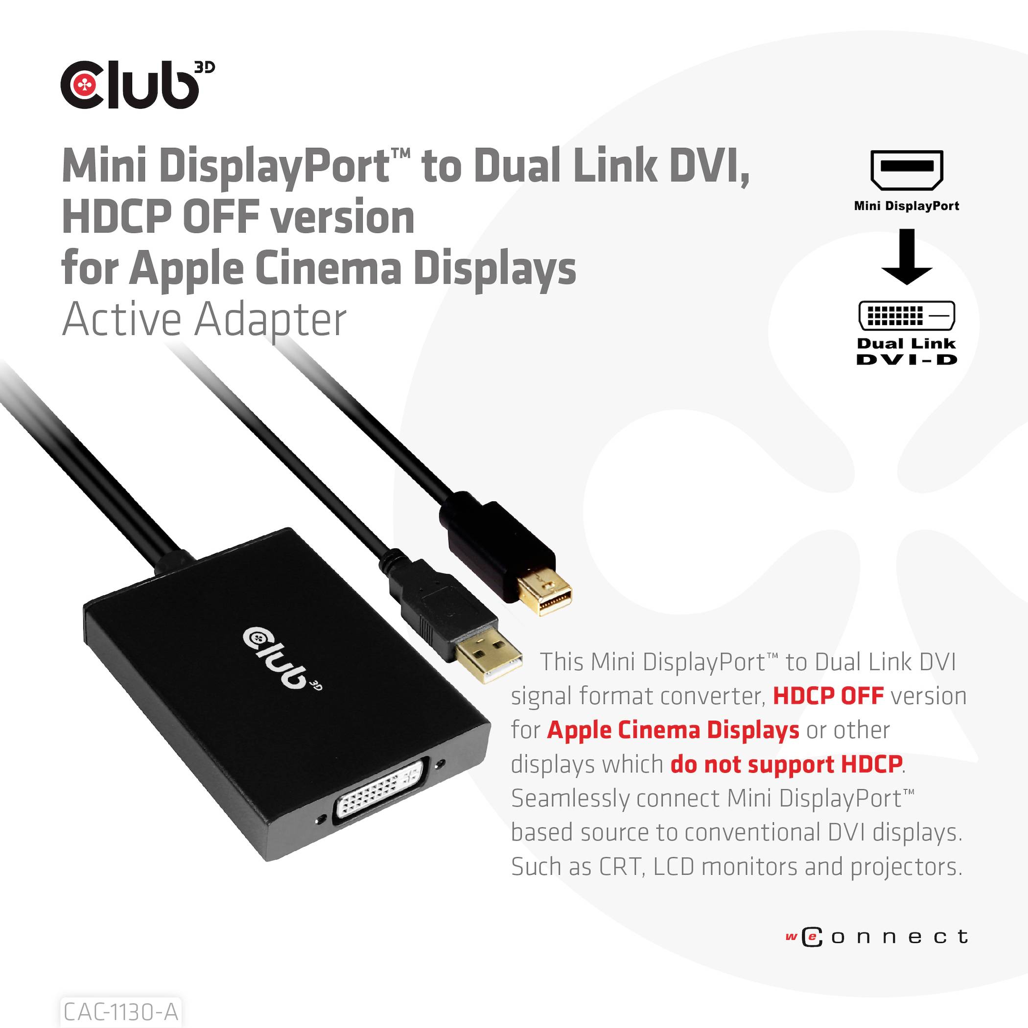 Club3D CAC-1130-A Mini-DisplayPort / DVI Adapter [1x Mini DisplayPort, USB-A - 1x DVI] Schwarz 60cm