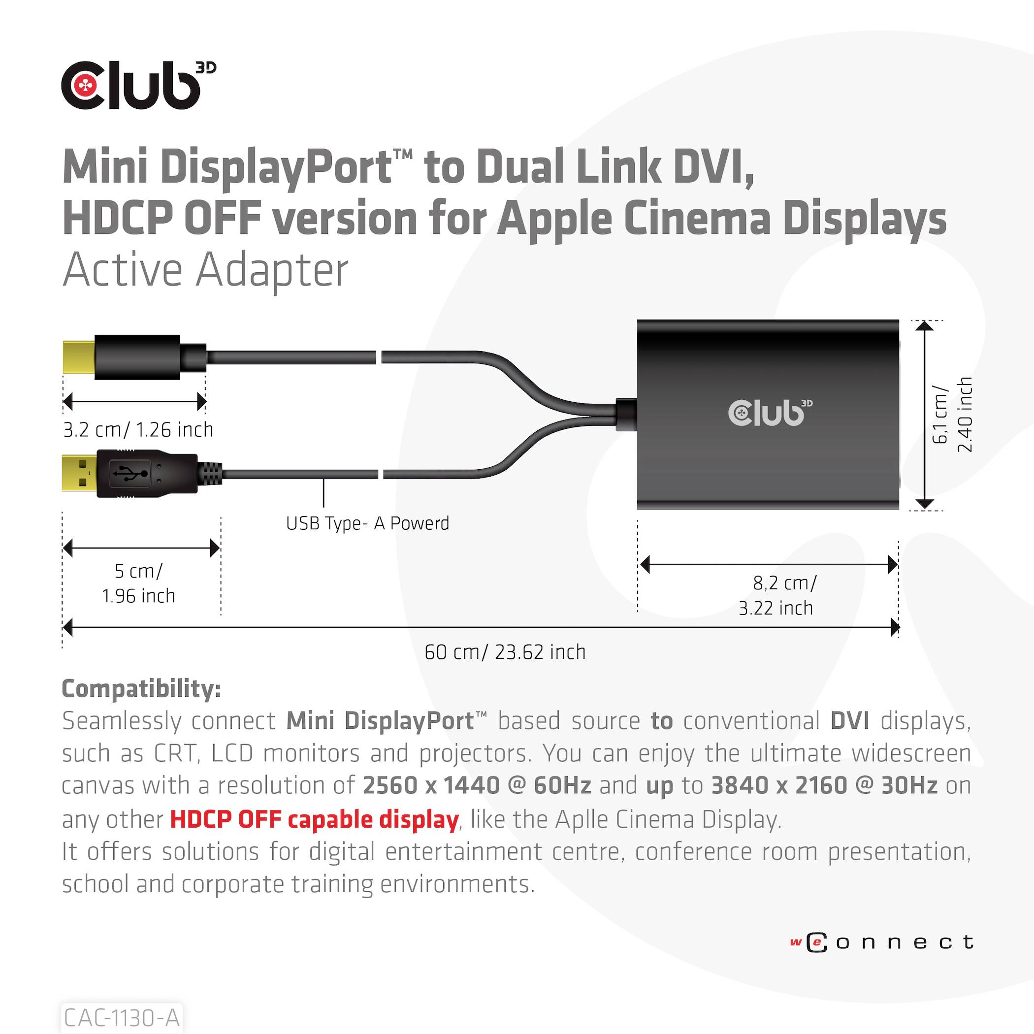 Club3D CAC-1130-A Mini-DisplayPort / DVI Adapter [1x Mini DisplayPort, USB-A - 1x DVI] Schwarz 60cm