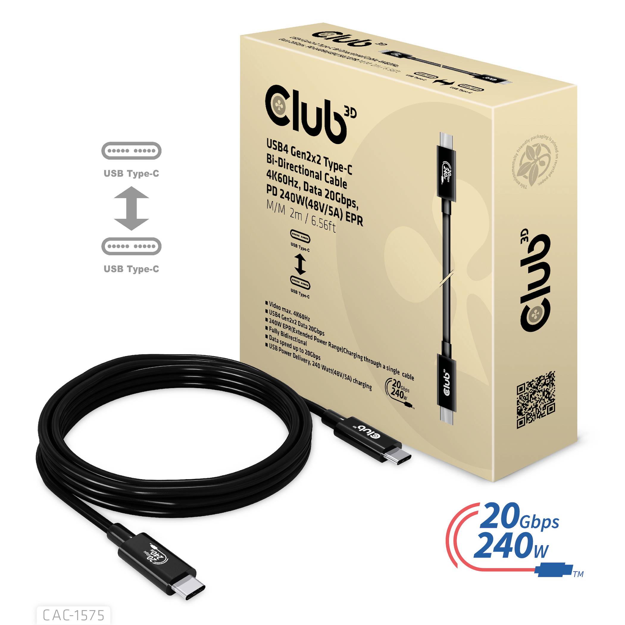 Club3D USB4 Gen2 Type-C Kabel, 2m, unterstützt bidirektional 240W Schnellladung, 40Gbps Datenübertragung, ideal für 4K/60Hz.