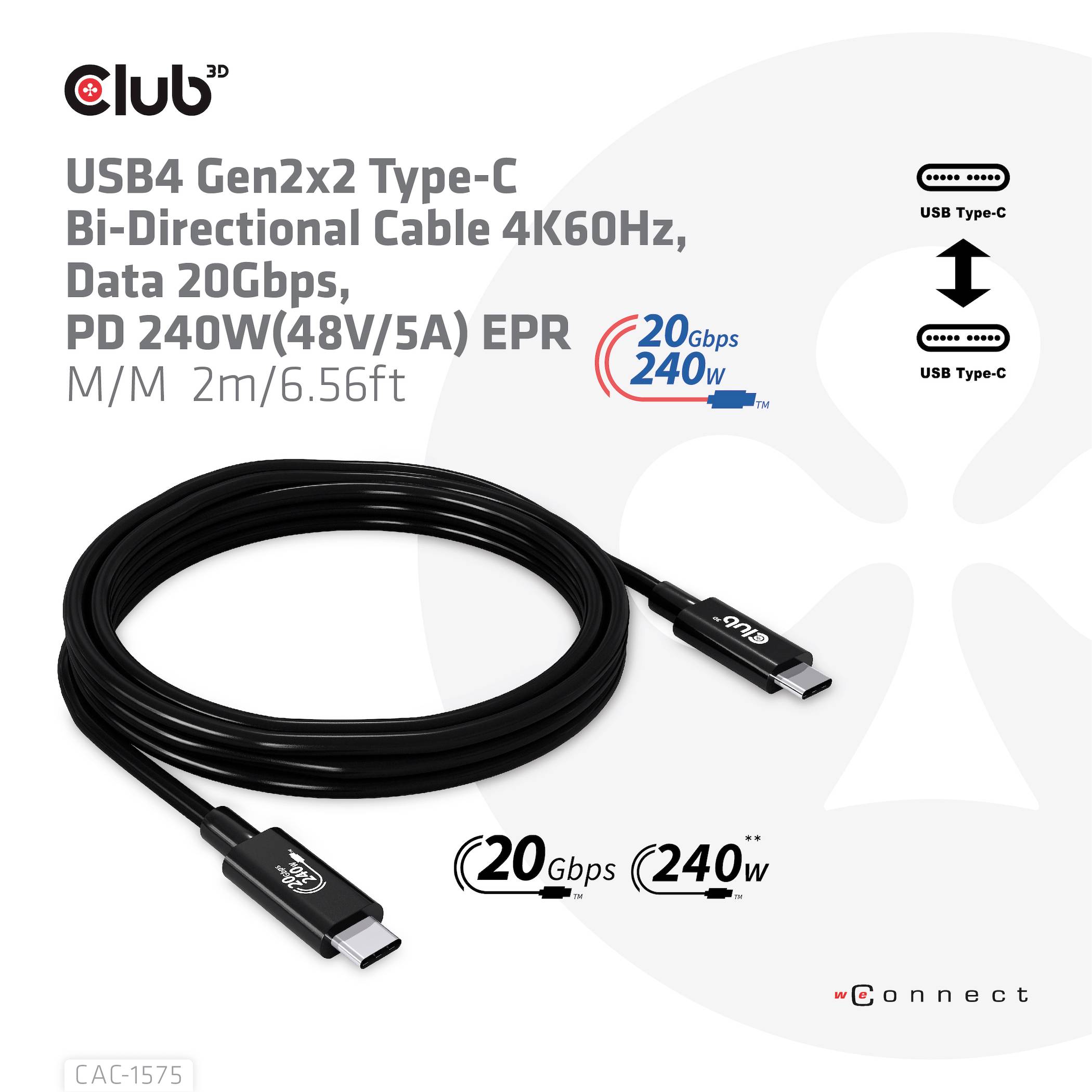 USB4 Gen2x2 Type-C Kabel, 4K60Hz, Datentransfer 20Gbps, PD 240W, Länge 2m/6.56ft. USB-C Steckerabbildung rechts.
