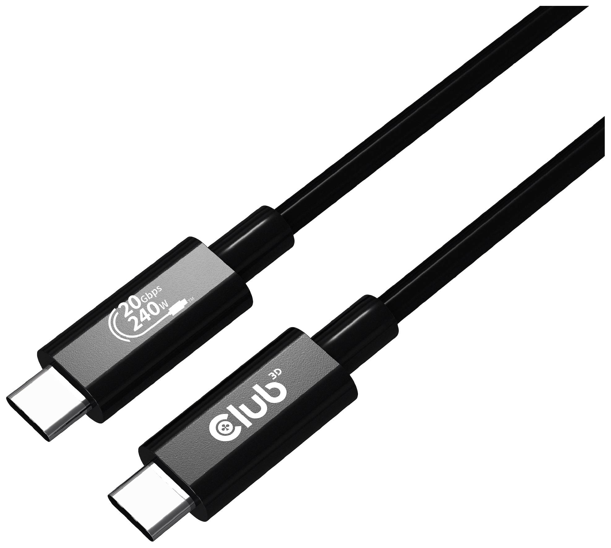 Schwarzes USB-C-Kabel mit der Aufschrift '240W' und '20Gbps', das für Hochgeschwindigkeitsdatenübertragung und hohe Leistung geeignet ist.