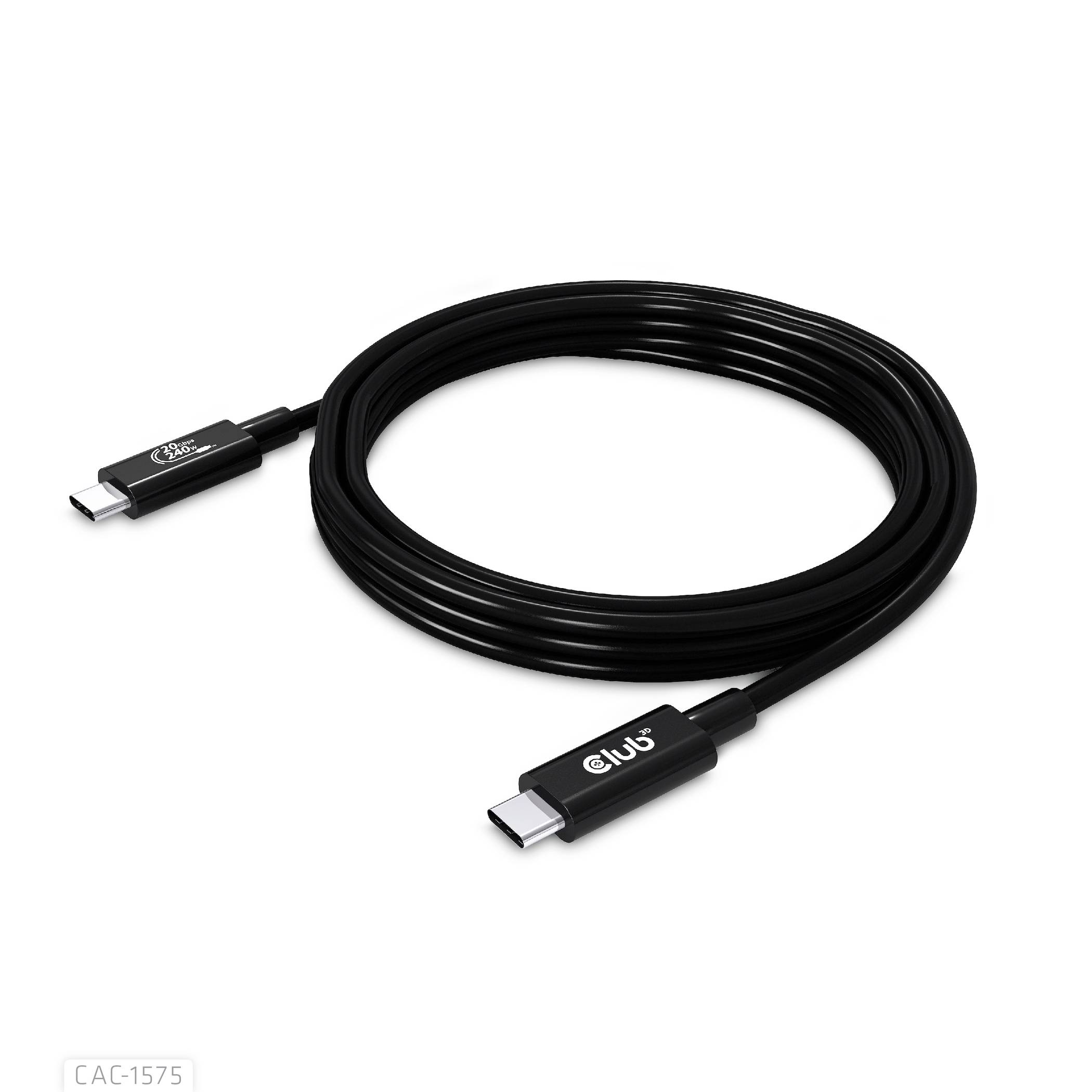 Ein schwarzes USB-C-Kabel mit Stecker an beiden Enden, aufgerollt dargestellt. Geeignet für Datenübertragung und Laden von Geräten.