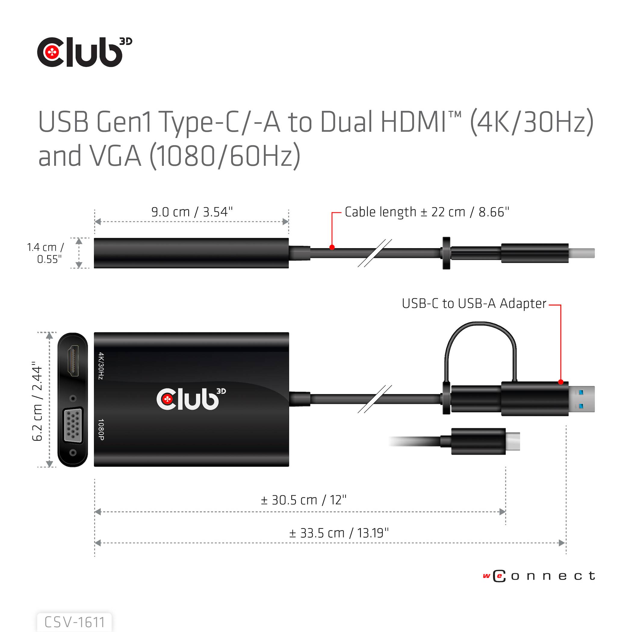 Club3D USB 3.2 Gen 1 (USB 3.0) Adapter [1x USB-A, USB-C® - 1x HDMI-Buchse, VGA-Buchse] Adapter USB Typ C/A - HDMI / VGA