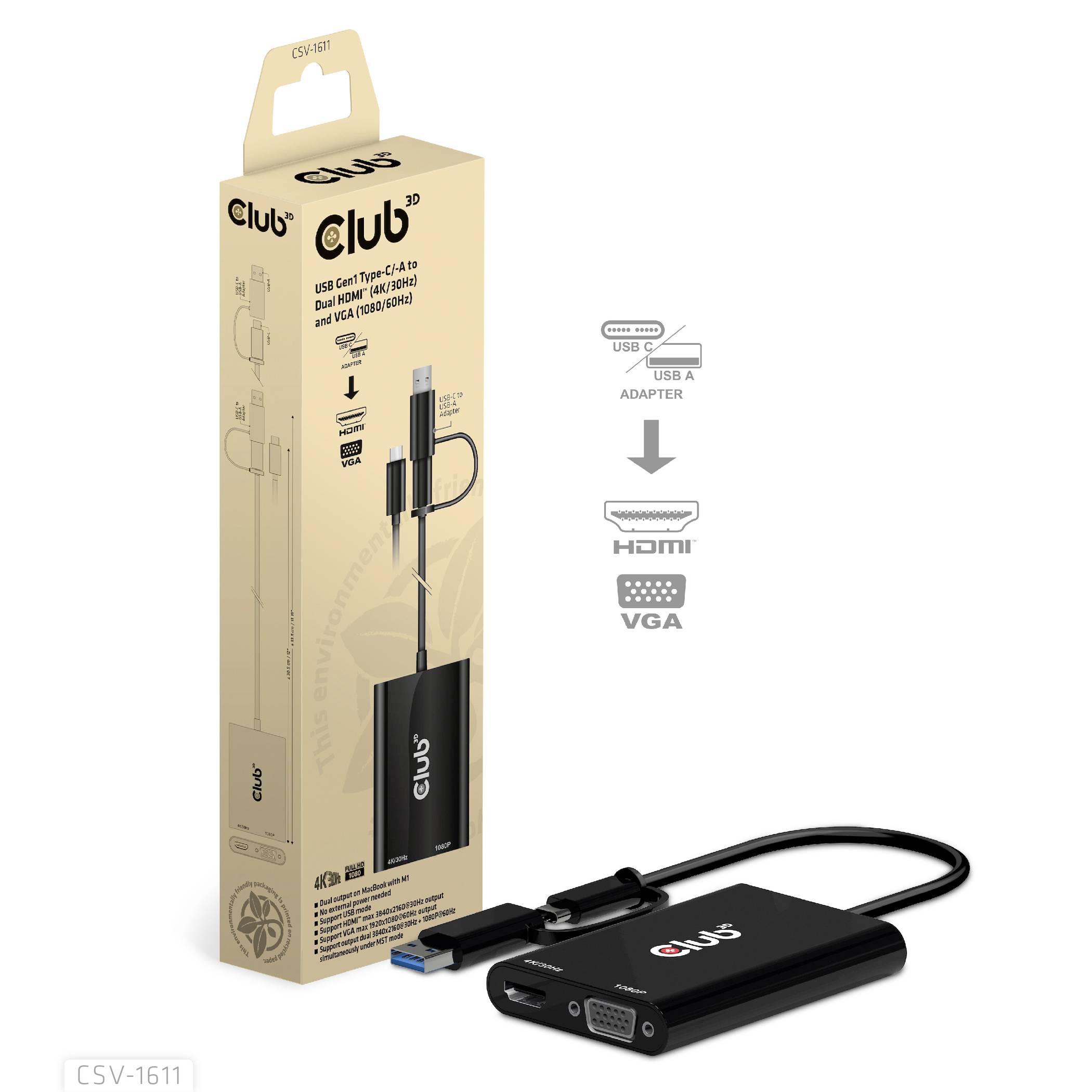 Club3D USB 3.2 Gen 1 (USB 3.0) Adapter [1x USB-A, USB-C® - 1x HDMI-Buchse, VGA-Buchse] Adapter USB Typ C/A - HDMI / VGA