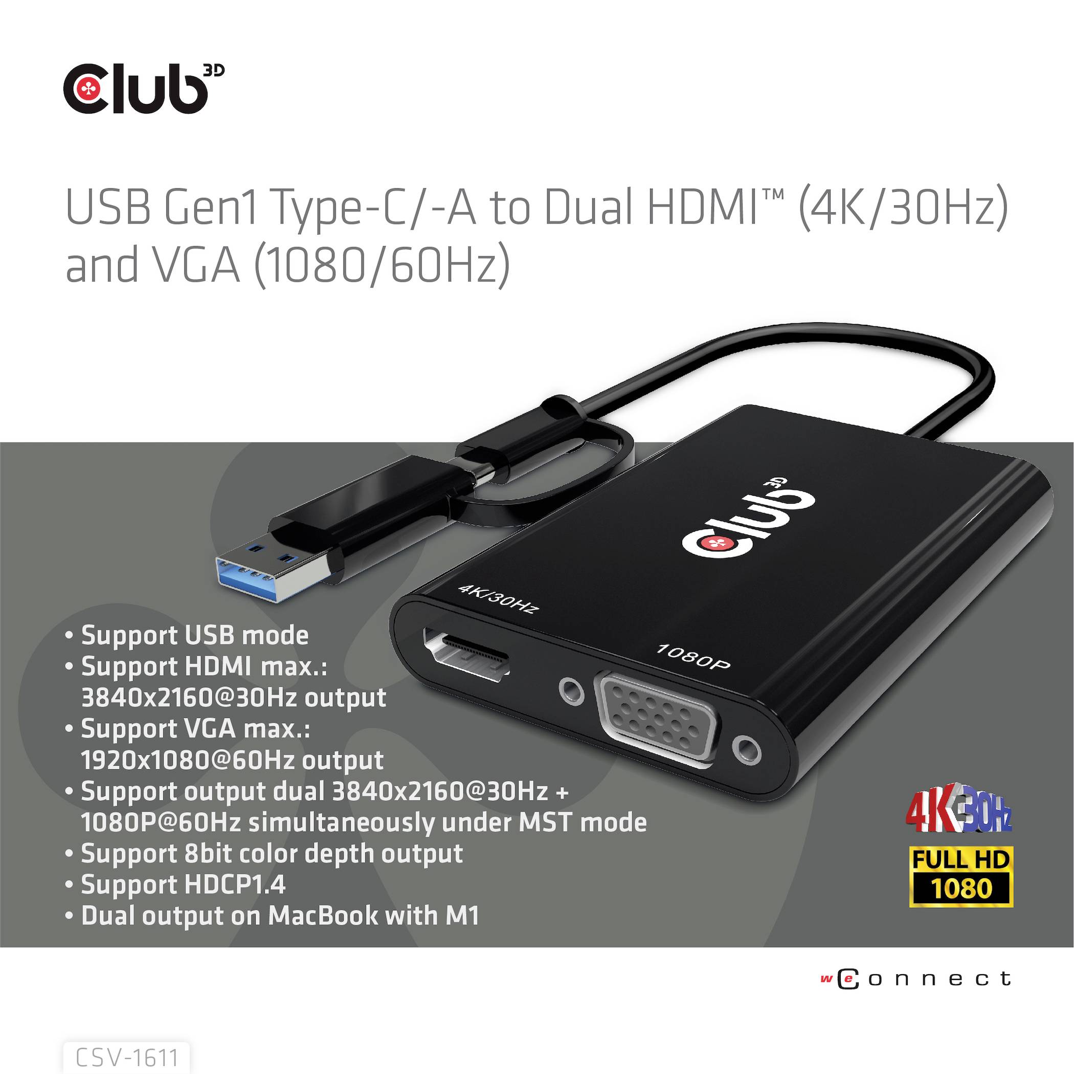 Club3D USB 3.2 Gen 1 (USB 3.0) Adapter [1x USB-A, USB-C® - 1x HDMI-Buchse, VGA-Buchse] Adapter USB Typ C/A - HDMI / VGA