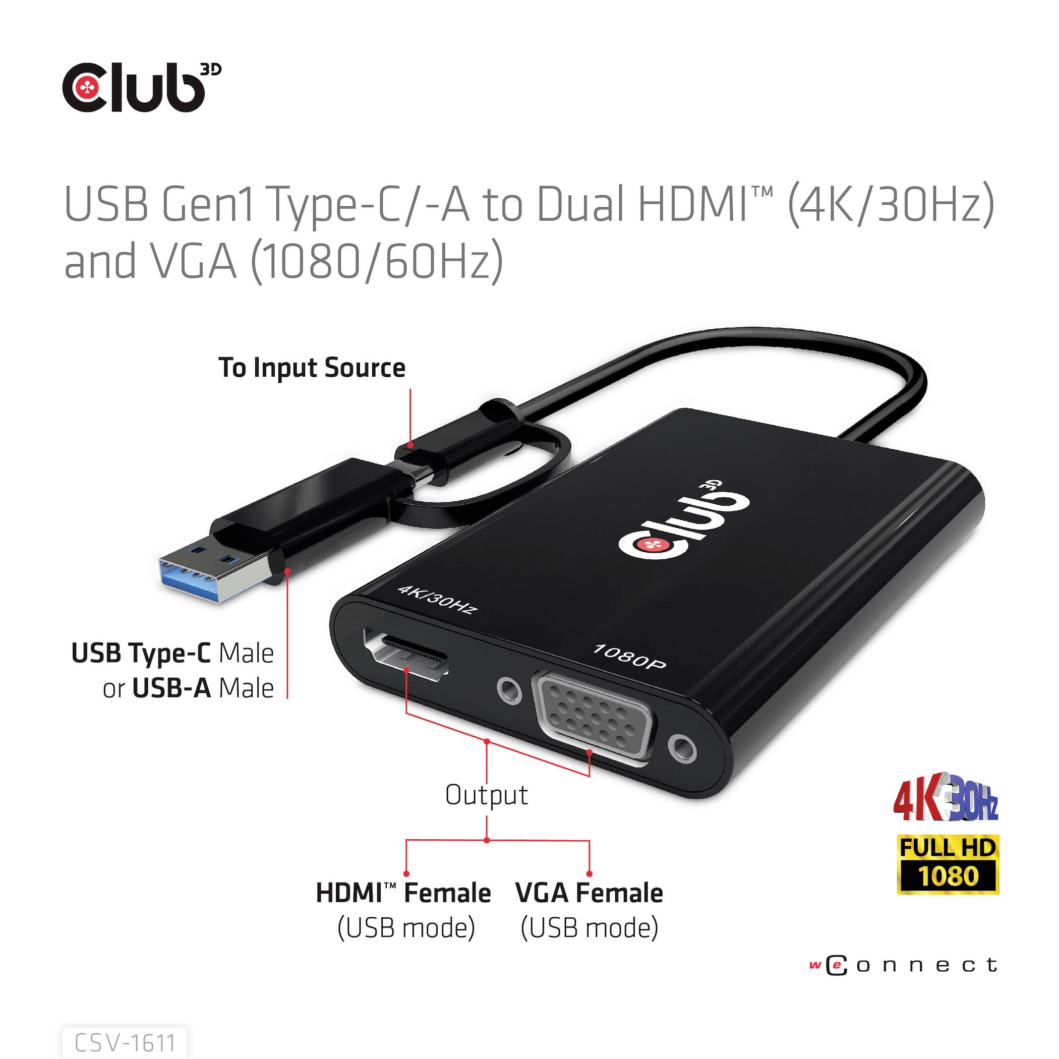 Club3D USB 3.2 Gen 1 (USB 3.0) Adapter [1x USB-A, USB-C® - 1x HDMI-Buchse, VGA-Buchse] Adapter USB Typ C/A - HDMI / VGA