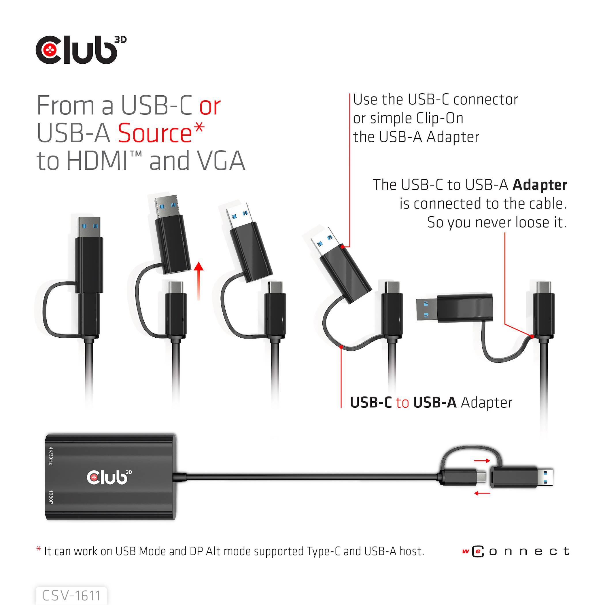 Club3D USB 3.2 Gen 1 (USB 3.0) Adapter [1x USB-A, USB-C® - 1x HDMI-Buchse, VGA-Buchse] Adapter USB Typ C/A - HDMI / VGA