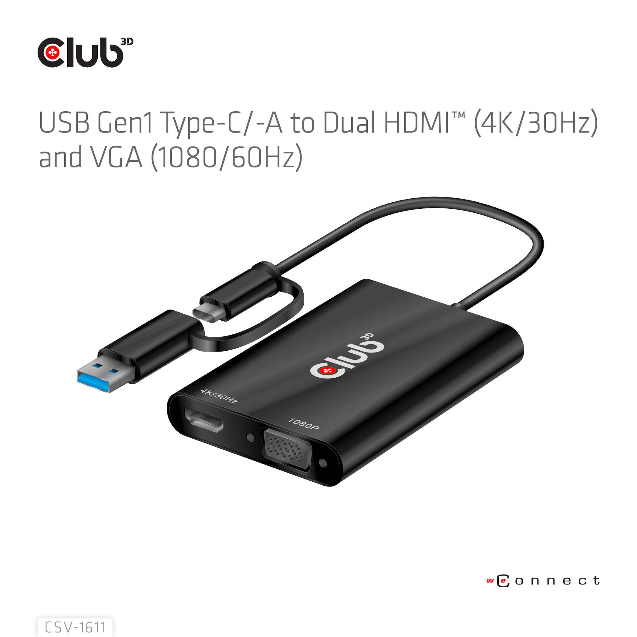 Club3D USB 3.2 Gen 1 (USB 3.0) Adapter [1x USB-A, USB-C® - 1x HDMI-Buchse, VGA-Buchse] Adapter USB Typ C/A - HDMI / VGA