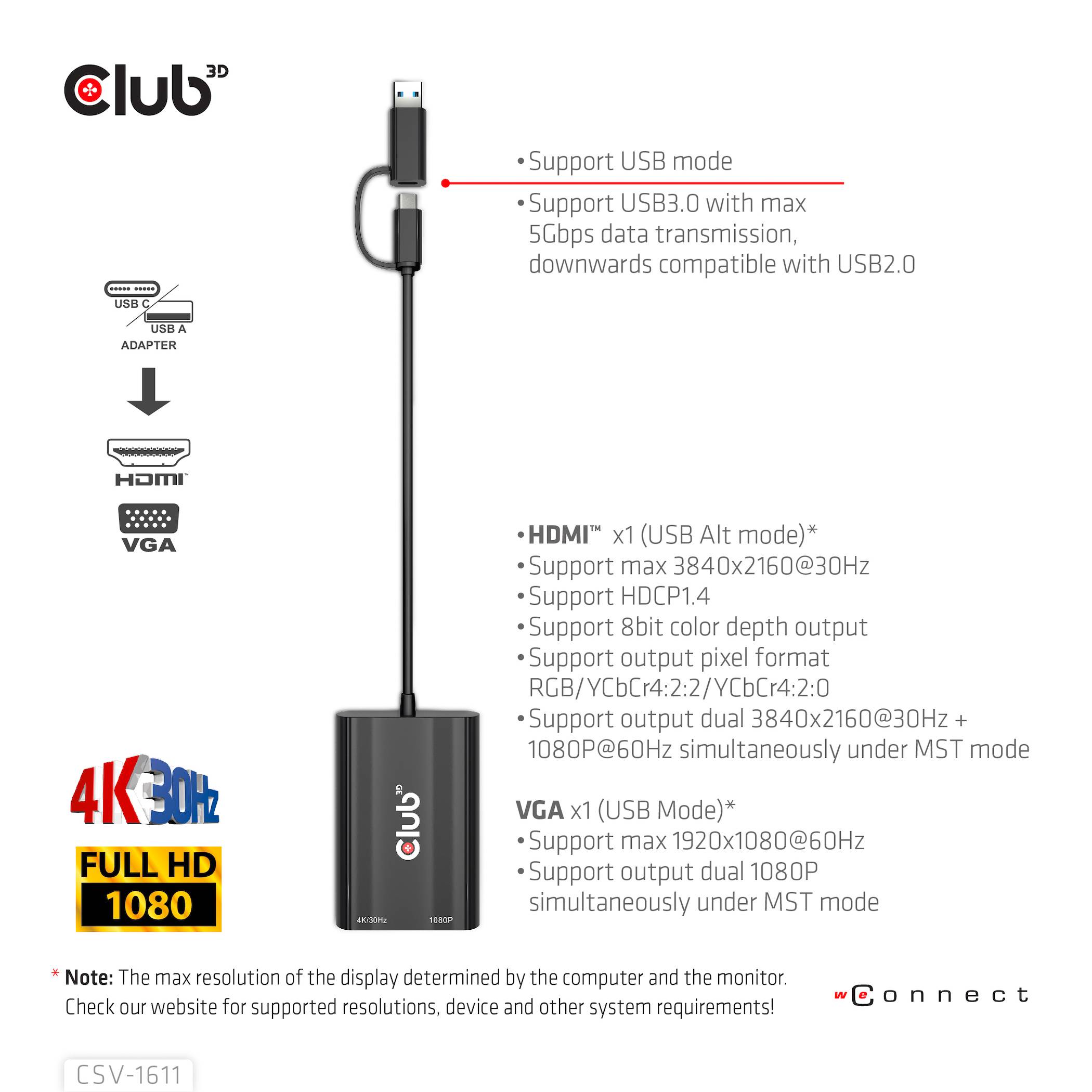 Club3D USB 3.2 Gen 1 (USB 3.0) Adapter [1x USB-A, USB-C® - 1x HDMI-Buchse, VGA-Buchse] Adapter USB Typ C/A - HDMI / VGA