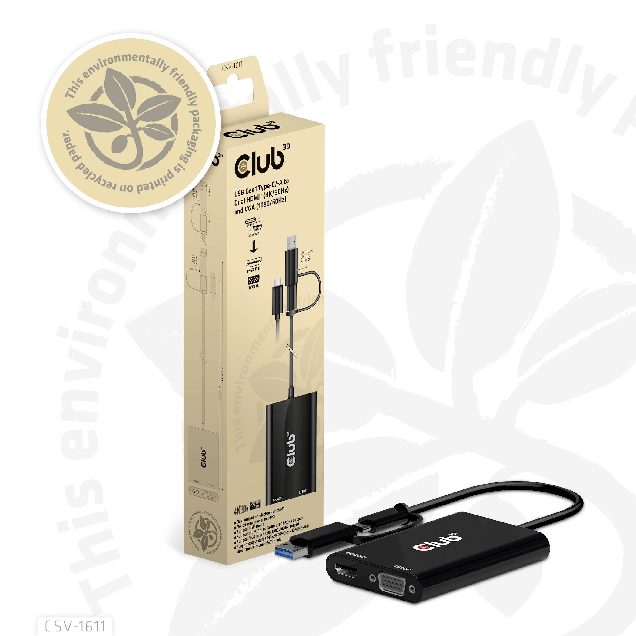 Club3D USB 3.2 Gen 1 (USB 3.0) Adapter [1x USB-A, USB-C® - 1x HDMI-Buchse, VGA-Buchse] Adapter USB Typ C/A - HDMI / VGA