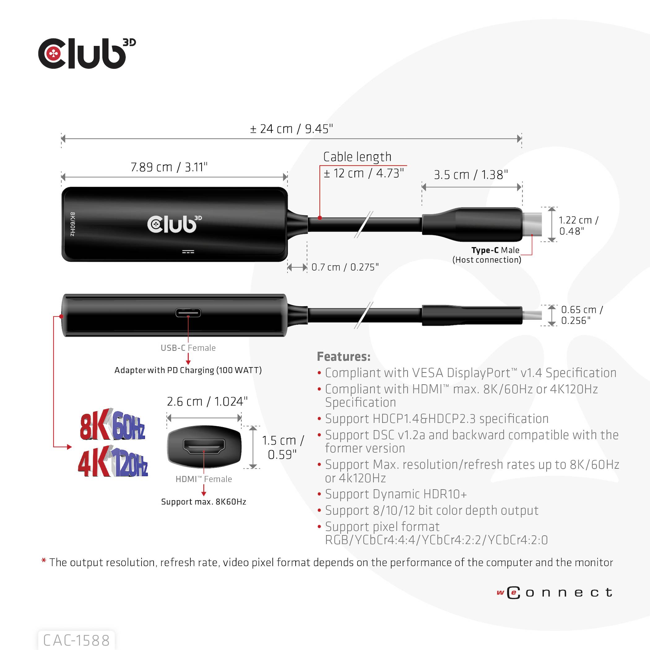 Club3D USB 2.0 Adapter [1x USB-C® Stecker - 1x HDMI-Buchse] Adapter USB 3.2 Typ C - HDMI 2.1 17cm
