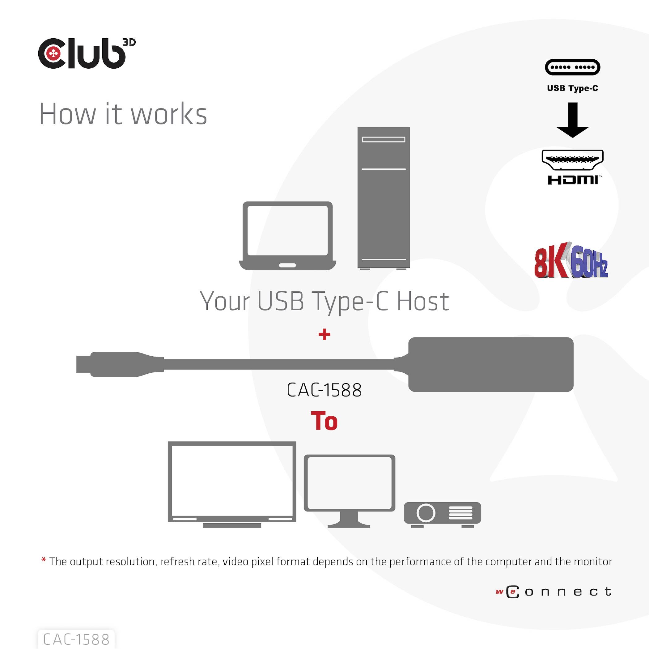 Club3D USB 2.0 Adapter [1x USB-C® Stecker - 1x HDMI-Buchse] Adapter USB 3.2 Typ C - HDMI 2.1 17cm