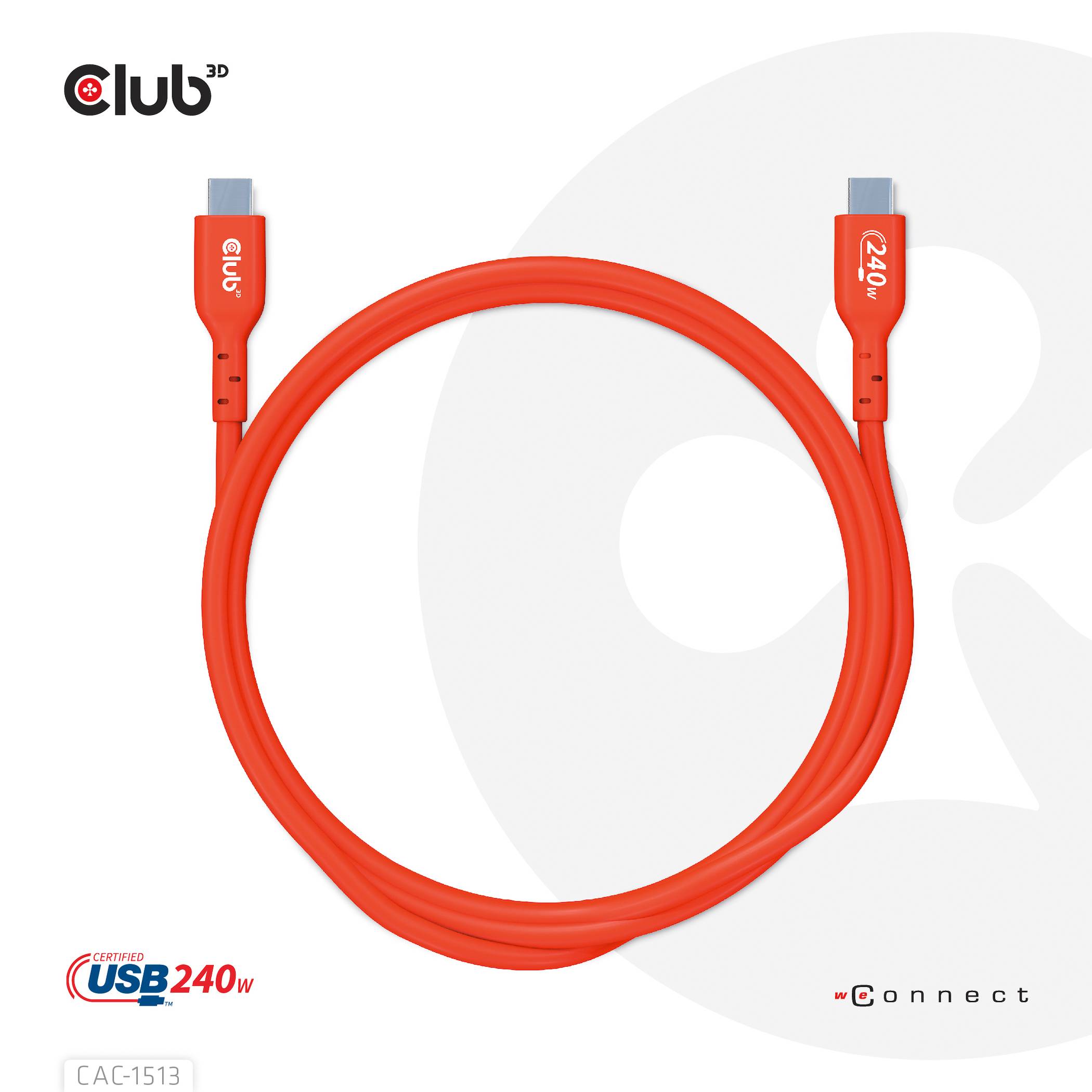 Rotes USB-Kabel abgebildet, markiert mit '240 W' an beiden Enden. Club-Logo oben links; unterstützt Hochgeschwindigkeitsaufladung.