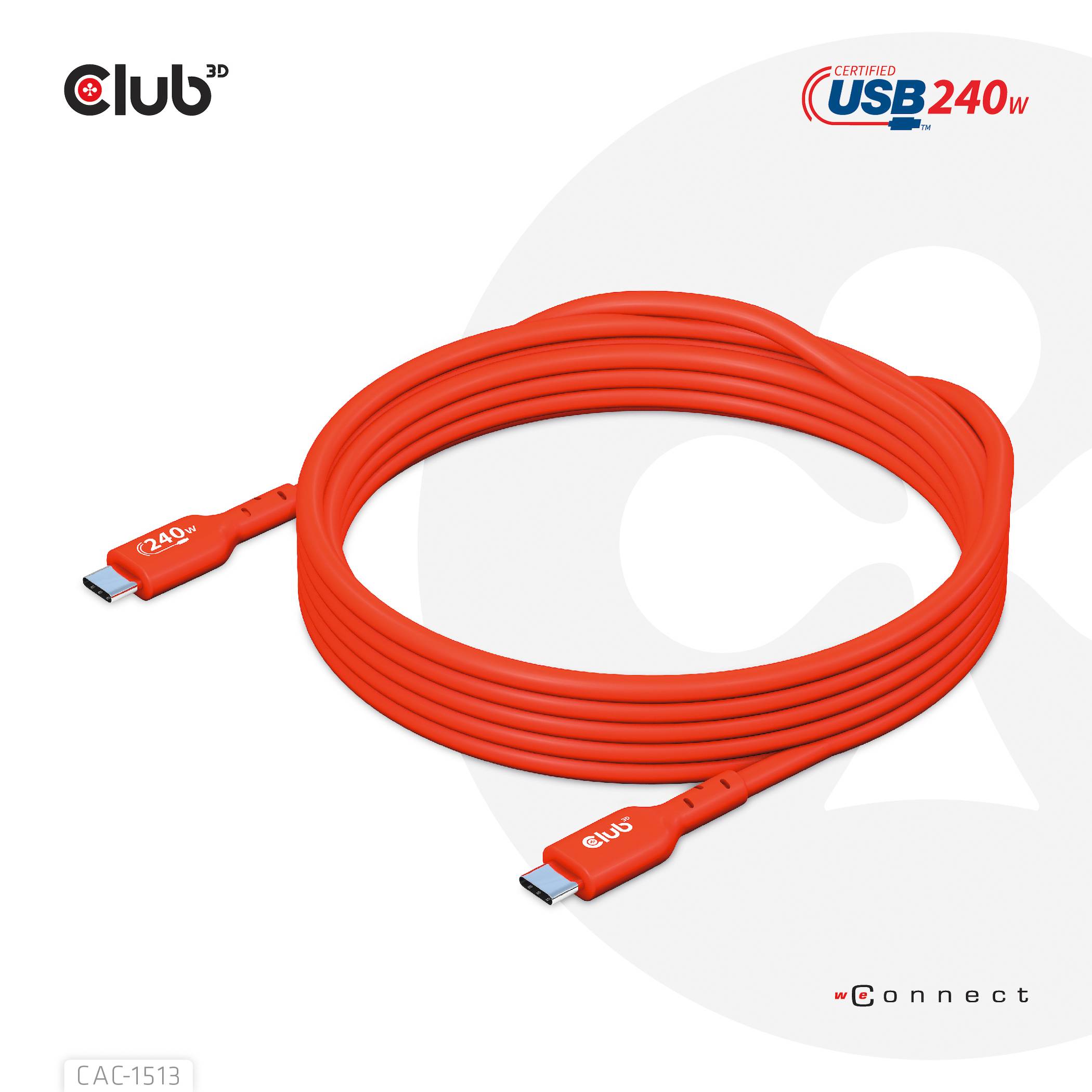 Rotes, langes USB-C-Kabel mit '240W' und 'USB Certified 240W'-Logo, geeignet für Hochleistungsaufladung, auf weißem Hintergrund.