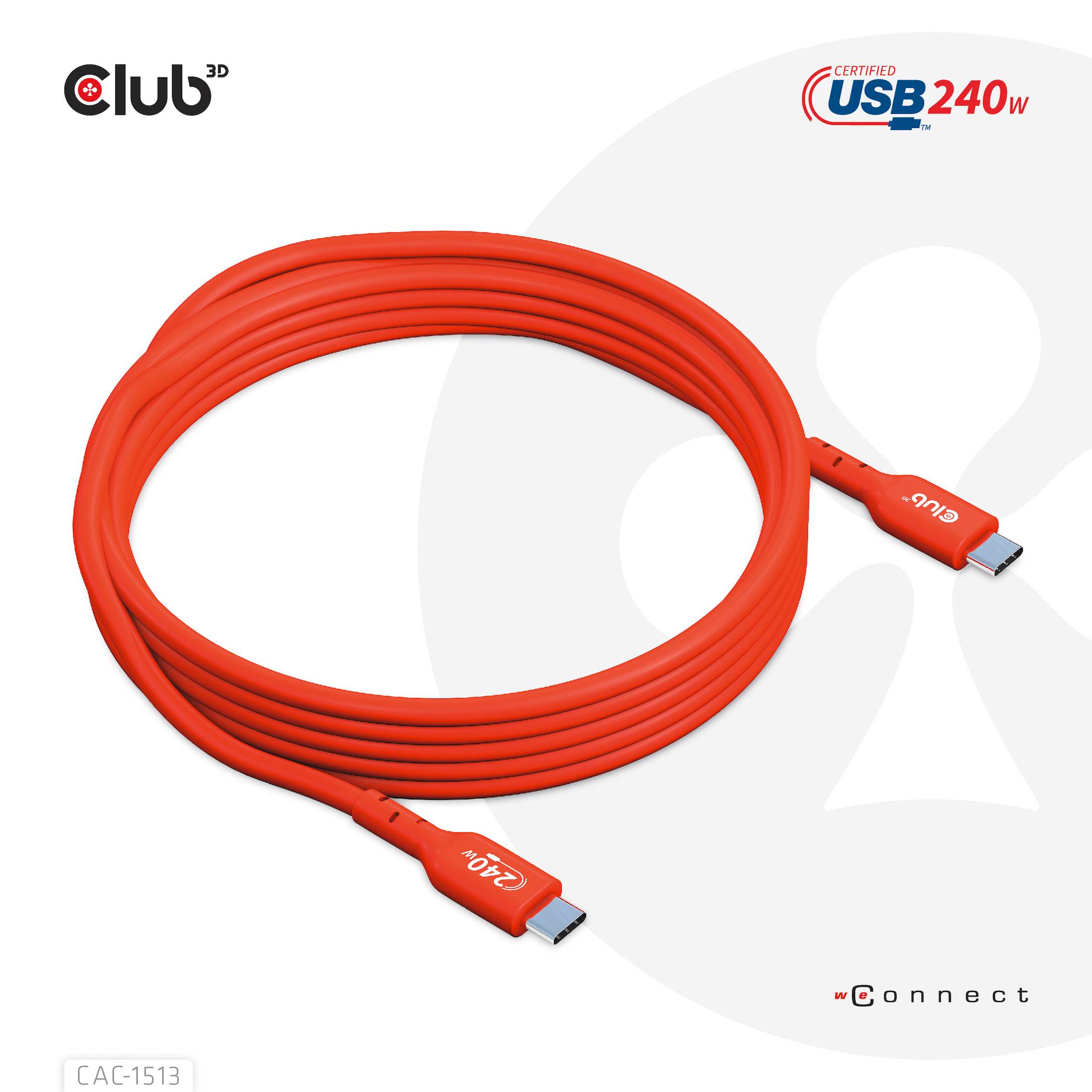 Rotes USB-C-Kabel mit 240W Leistung, mit der Aufschrift '240W' auf den Anschlüssen, spiralförmig auf weißem Hintergrund.