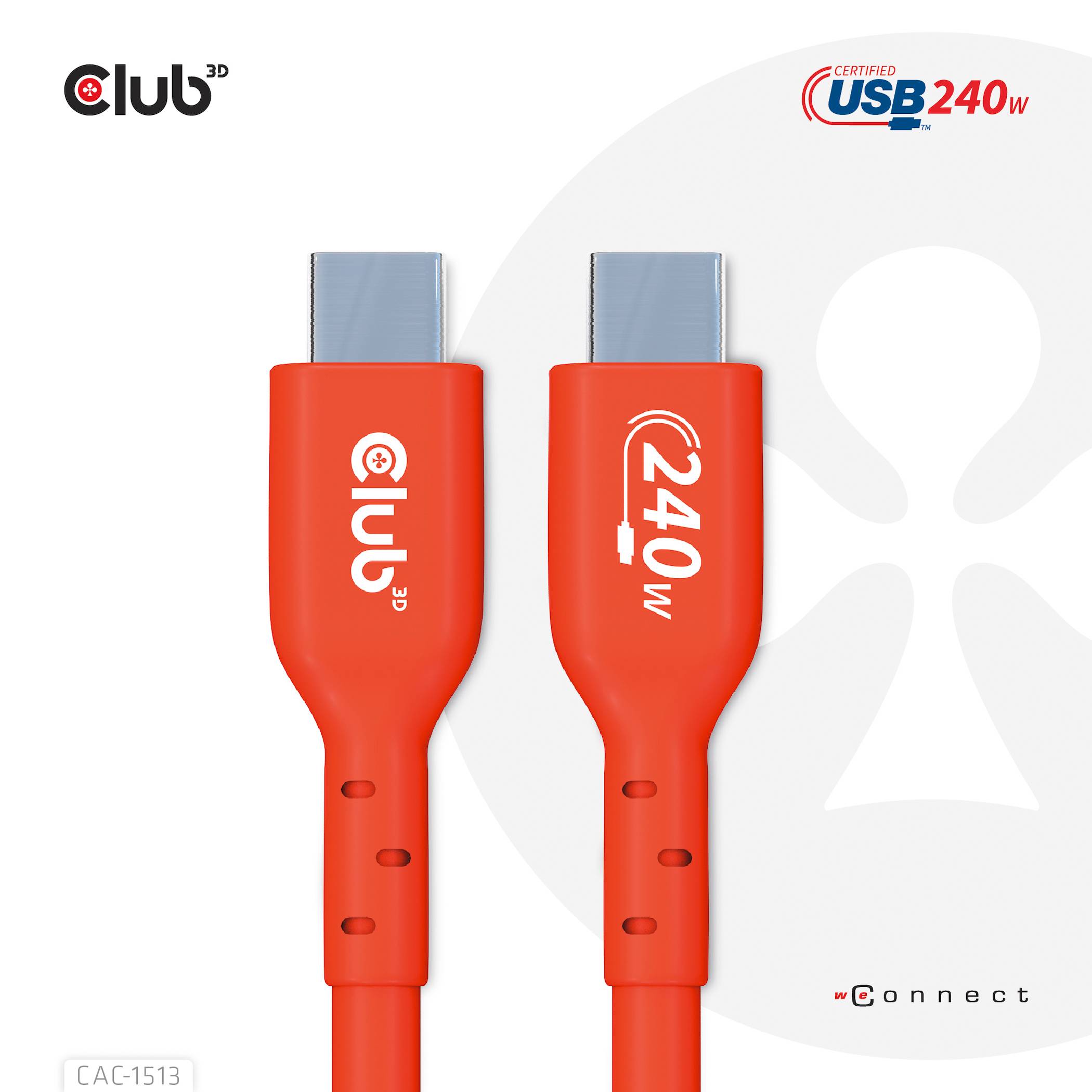 Zwei rote USB-C-Kabel mit '240 W' und 'USB 3.2 Gen 2' Aufschrift. Im Hintergrund ist ein graues Logo zusehen.