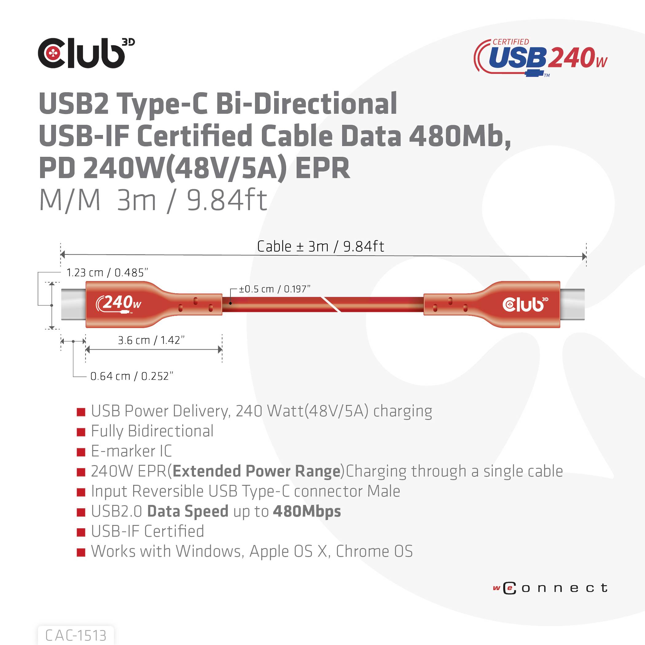 USB-C-Kabel, 3 m, USB2 Type-C, 480Mb Datenübertragung, 240W Ladung, EPR. E-Marker ID für verbesserte Leistung, USB-IF zertifiziert.