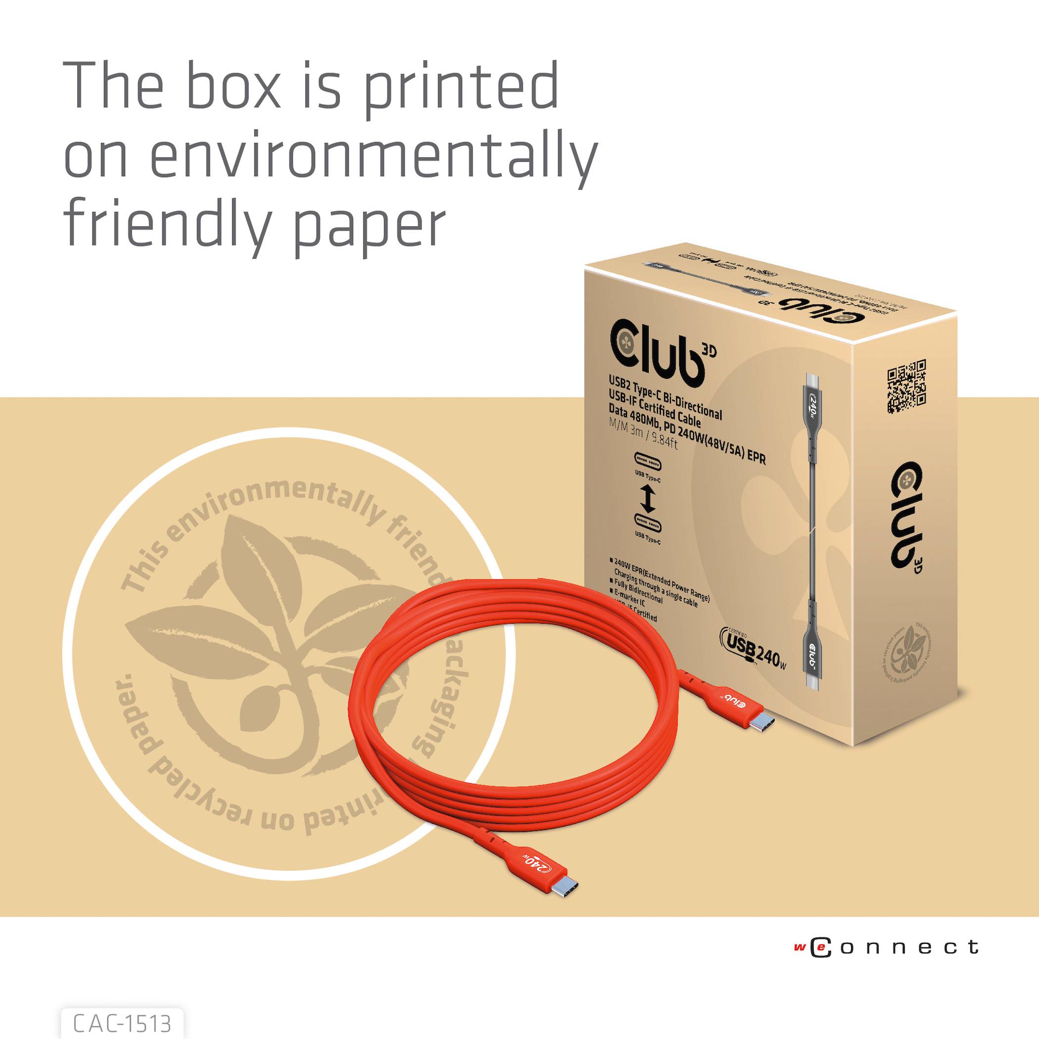 Eine Verpackung mit einem USB-C-Kabel liegt vor einem Hintergrund. Auf der Schachtel steht 'Club3D USB4 240W EPR Kabel'. Umweltfreundliches Papier.
