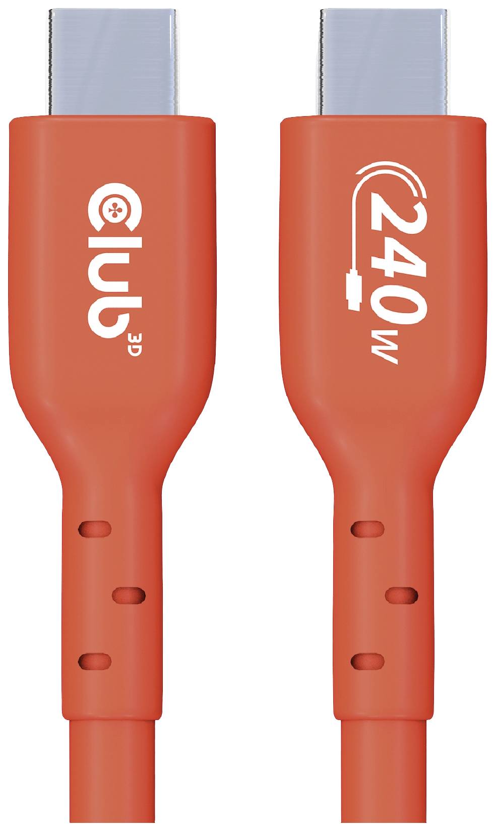 Zwei rote USB-C-Kabel mit der Aufschrift 'Club 240W', die auf Hochleistungsfähigkeit hinweisen.