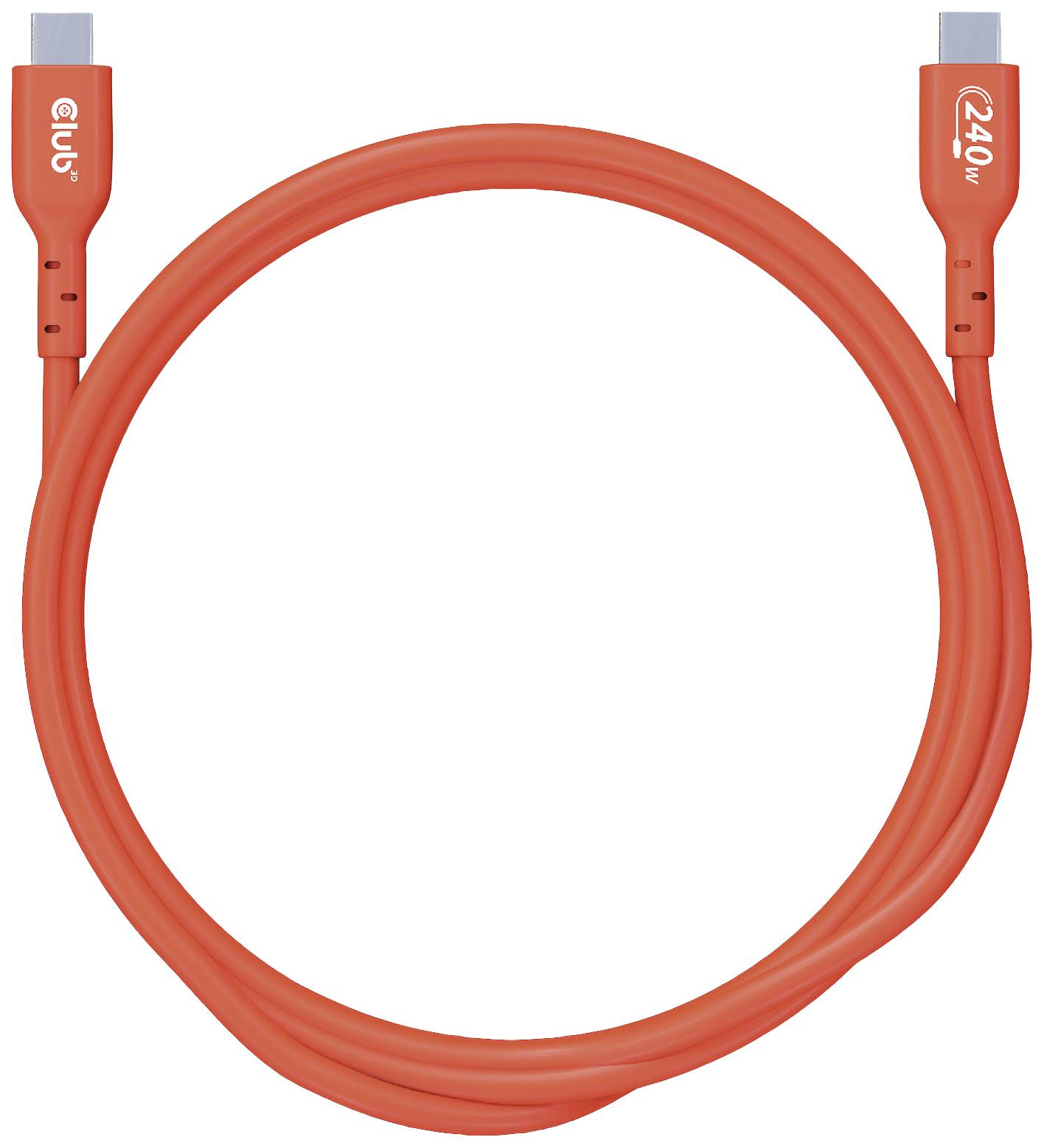 Rotes USB-Kabel mit beidseitigem USB-C-Stecker, geeignet für eine Leistung von bis zu 240 Watt, auf weißem Hintergrund.