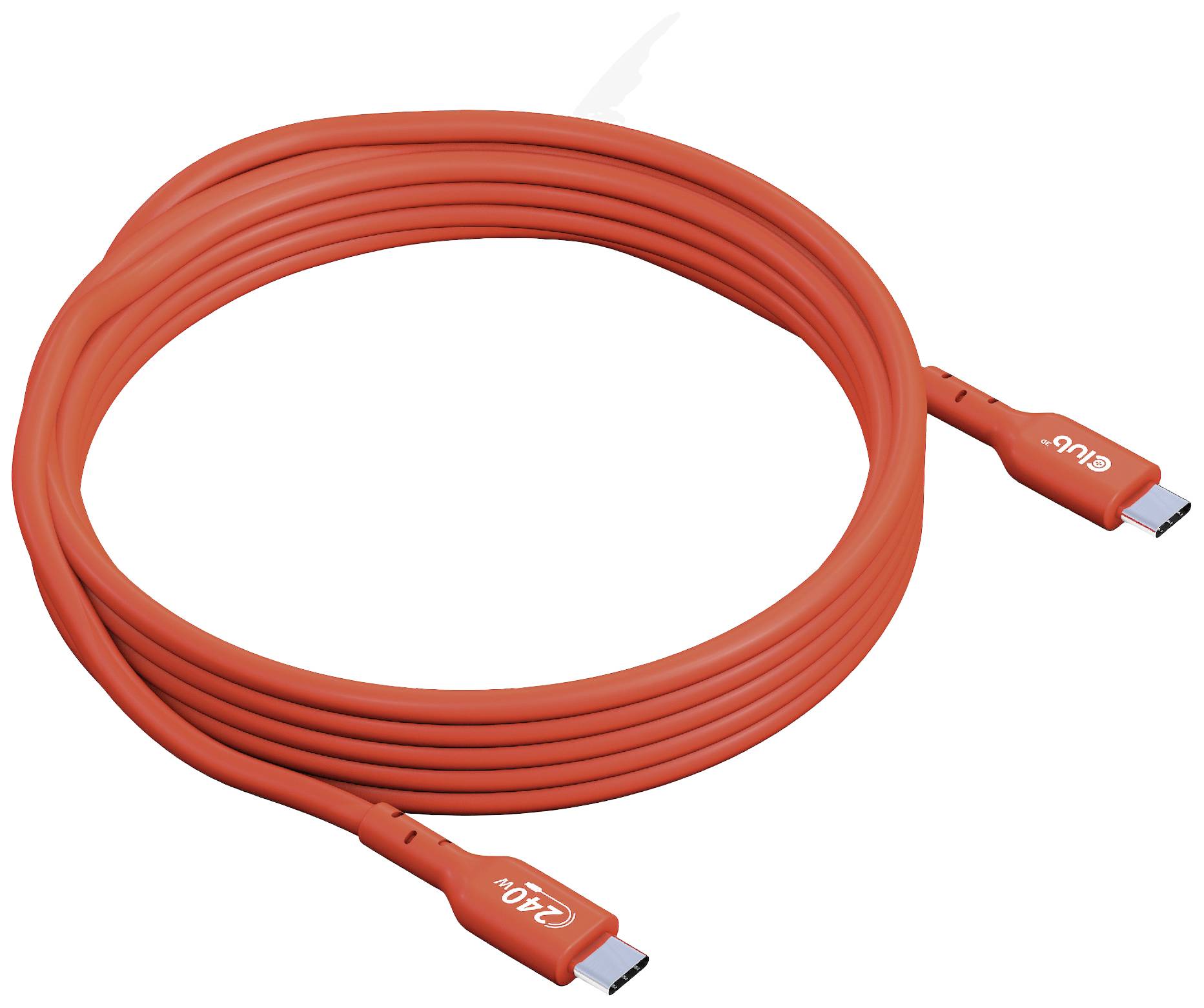 Ein rotes USB-C-Kabel, aufgerollt. An den Enden befinden sich USB-C-Stecker, die für den Anschluss an kompatible Geräte geeignet sind.