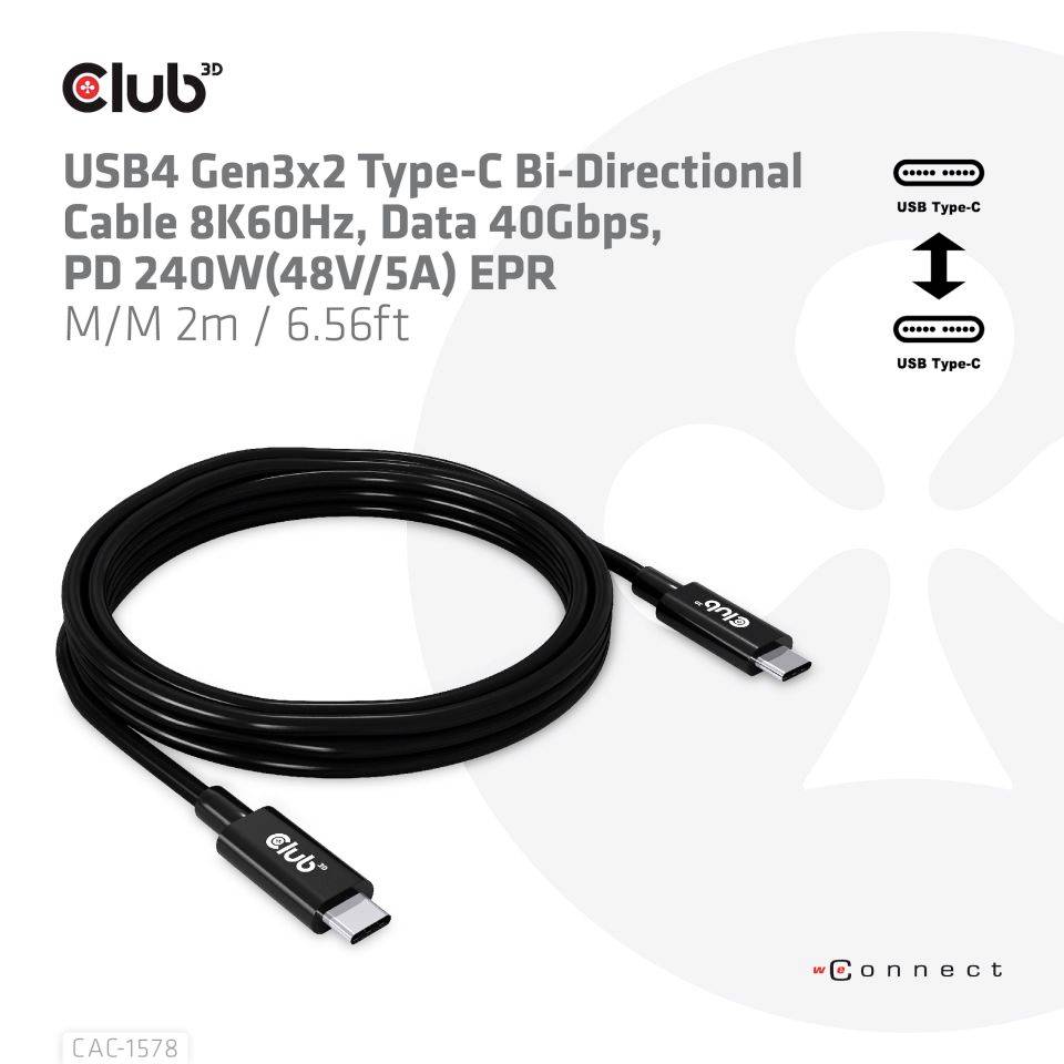 USB4 Kabel, Typ-C Anschluss, 2 m Länge. Unterstützt 8K60Hz, 40 Gbps Datenrate, 240W PD, 48V/5A. Für beidseitige Kommunikation.