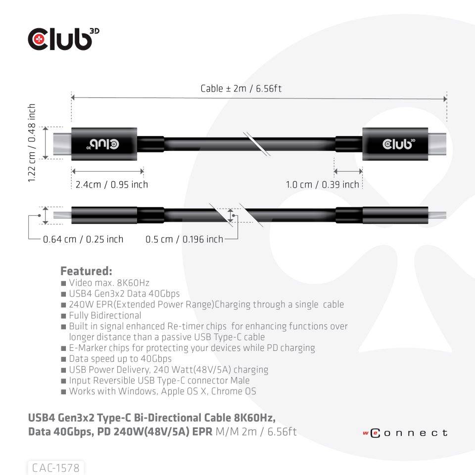 'Club 3D USB4 Kabel', schwarz, 2 m. Unterstützt 240W Leistung, 40Gbps Datenübertragung, kompatibel mit mehreren Geräten und Betriebssystemen.